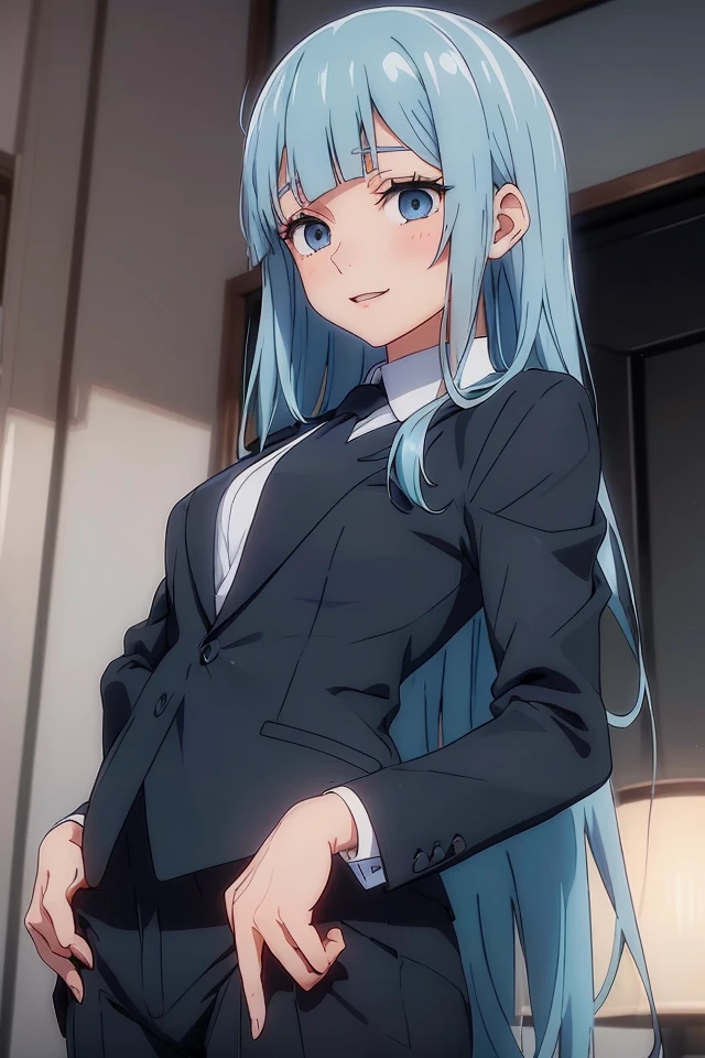 (JK_Miwa_Kasumi), 1girl, long hair, blue eyes, bangs, solo, straight hair, blunt bangs, light blue hair, Side bangs, blush, eyelashes, smile, asymmetrical_hair, (formal, suit, black jacket, white shirt, black necktie, black pants),