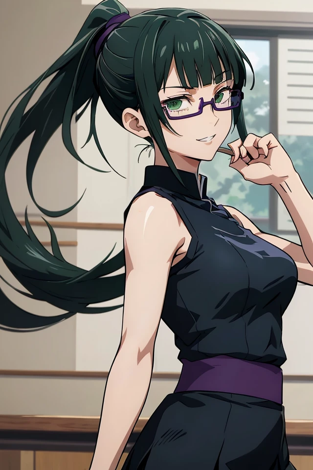 (JK_Maki_Zenin), glasses, solo, ponytail, 1girl, bangs, green eyes, black hair, blunt bangs, high ponytail, purple-framed eyewear, semi-rimless eyewear, smile, different actions, white tank top, black mini skirt,