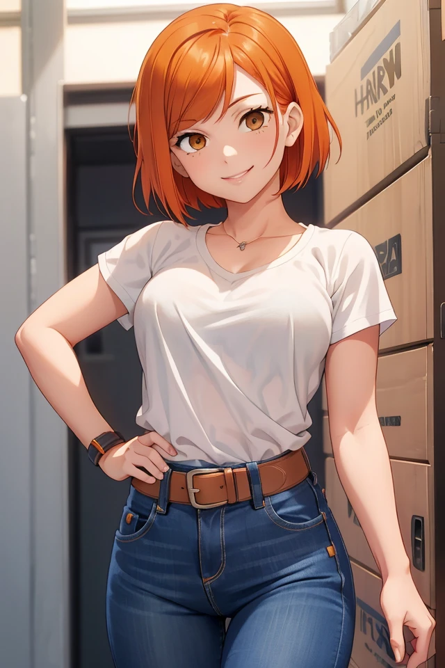 (JK_Nobara_Kugisaki), 1girl, solo, smile, short hair, orange hair, orange eyes, bangs, breasts, hair behind ear, swept bangs, white t-shirt, blue short jeans, smile, happy, hands on waist,