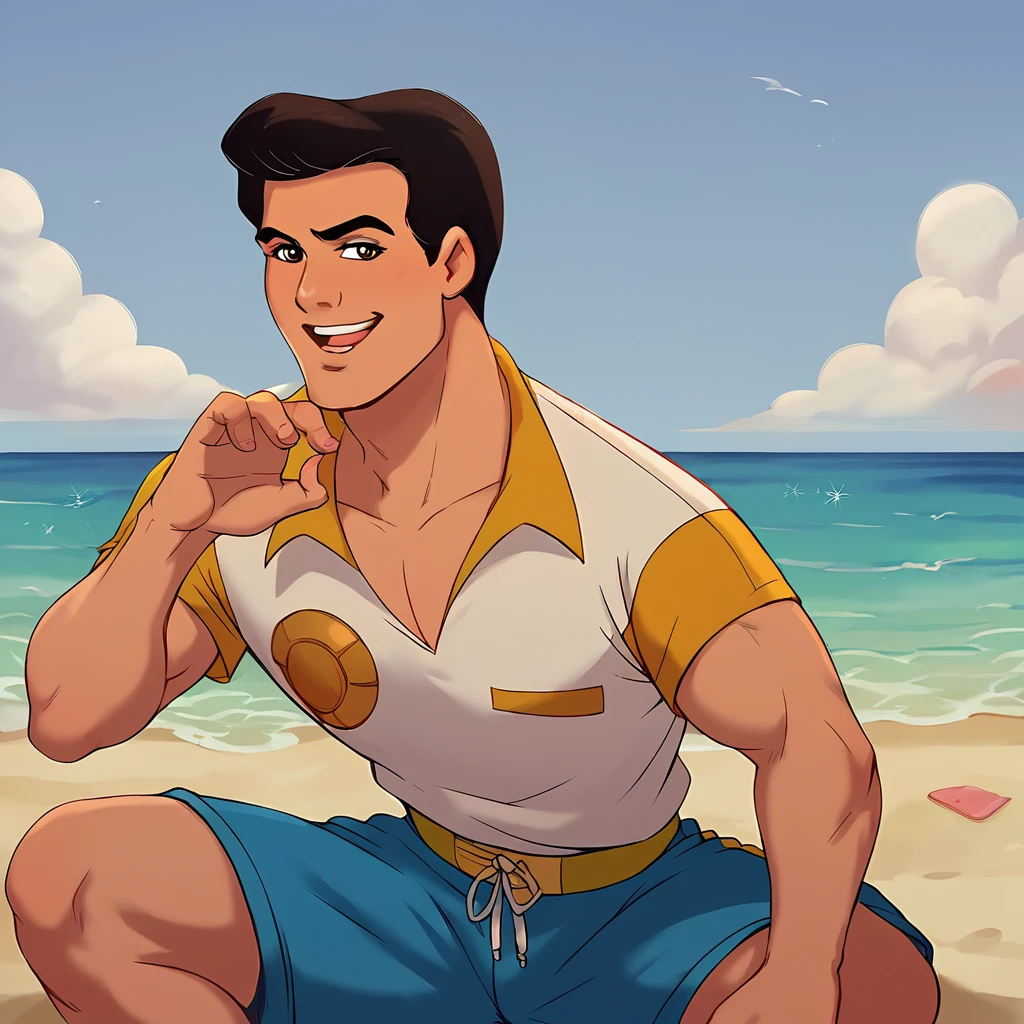 score_9, score_8_up, score_7_up, score_6_up,  animation, retro artstyle, disney style,
break
a man pr1nc3_c with short black hair , <lora:Prince_C_1.0-000040:1> , wearing hawaii shirt and blue shorts, funny pose for selfie
location: beach, outdoors
<lora:aminfara:0.3> aminfara, <lora:Smooth Anime 2 Style SDXL_LoRA_Pony Diffusion V6 XL:0.3>