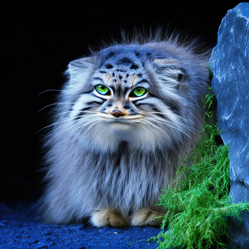 pallas's cat, pallas cat, curled up, otocolobus manul, moss, outdoors, manul, traditional media, green eyes, rock, black background, animal focus, cat