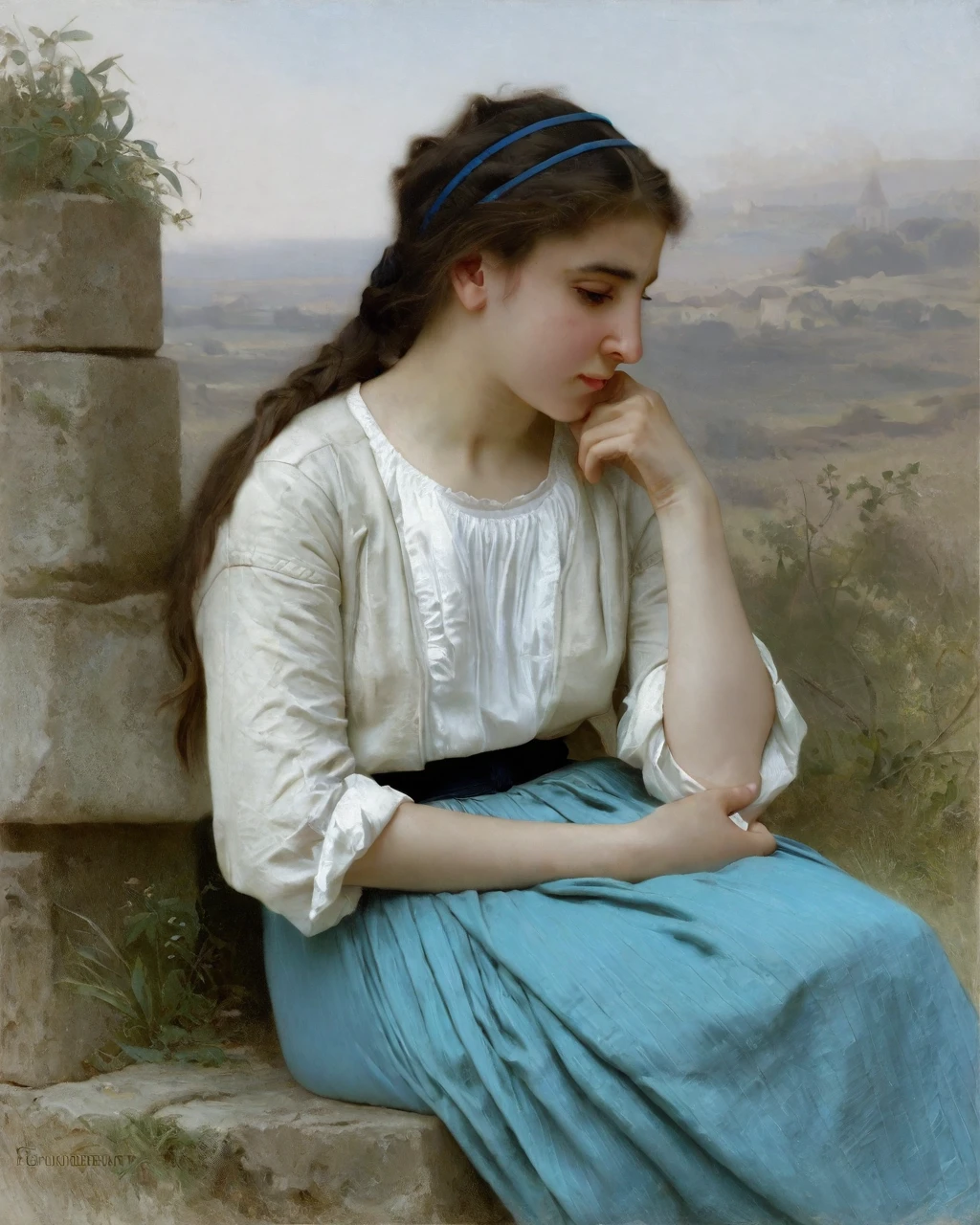 Bouguereau,
The image showcases a young girl, possibly from the 19th century, sitting beside a stone structure. She wears a white blouse with a blue skirt and a black belt. Her expression is contemplative, and she rests her chin on her hand. The artistic style is realistic, capturing intricate details like the texture of her hair and the nuances of her expression. The color tone is muted, with earthy tones dominating the scene. The image is of good quality, with clear details and a vivid color palette.