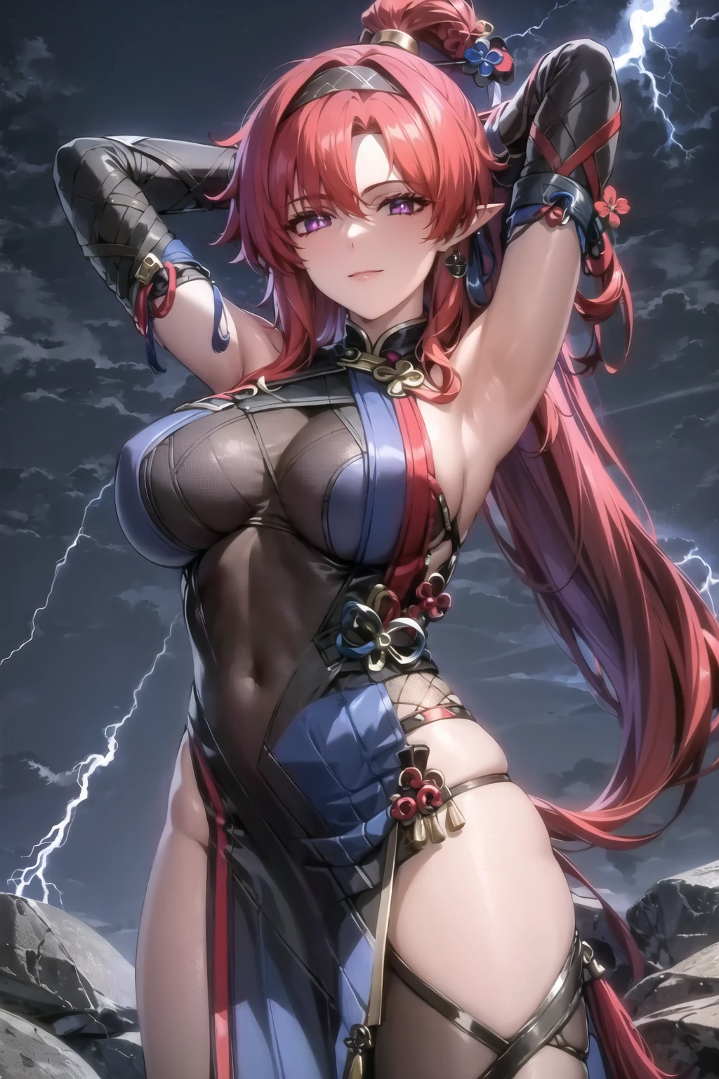 dynamic light,  masterpiece, best quality, detailed, 1girl,yinlin, long hair, red hair, purple eyes, hair ornament, ponytail, pointy ears, hairband, glowing eyes,  large breasts
(fingerless gloves)
(standing), (arms behind head:1.3), light smile, closed mouth, tareme (cowboy shot),
(lightning, purple theme, rocks), depth of field, <lora:1651489307798708599:0.2> ,  <lora:tareme:0.5>   <lora:yinlin:1> <lora:LowRA:0.2>,    <lora:GoodHands-vanilla:1>