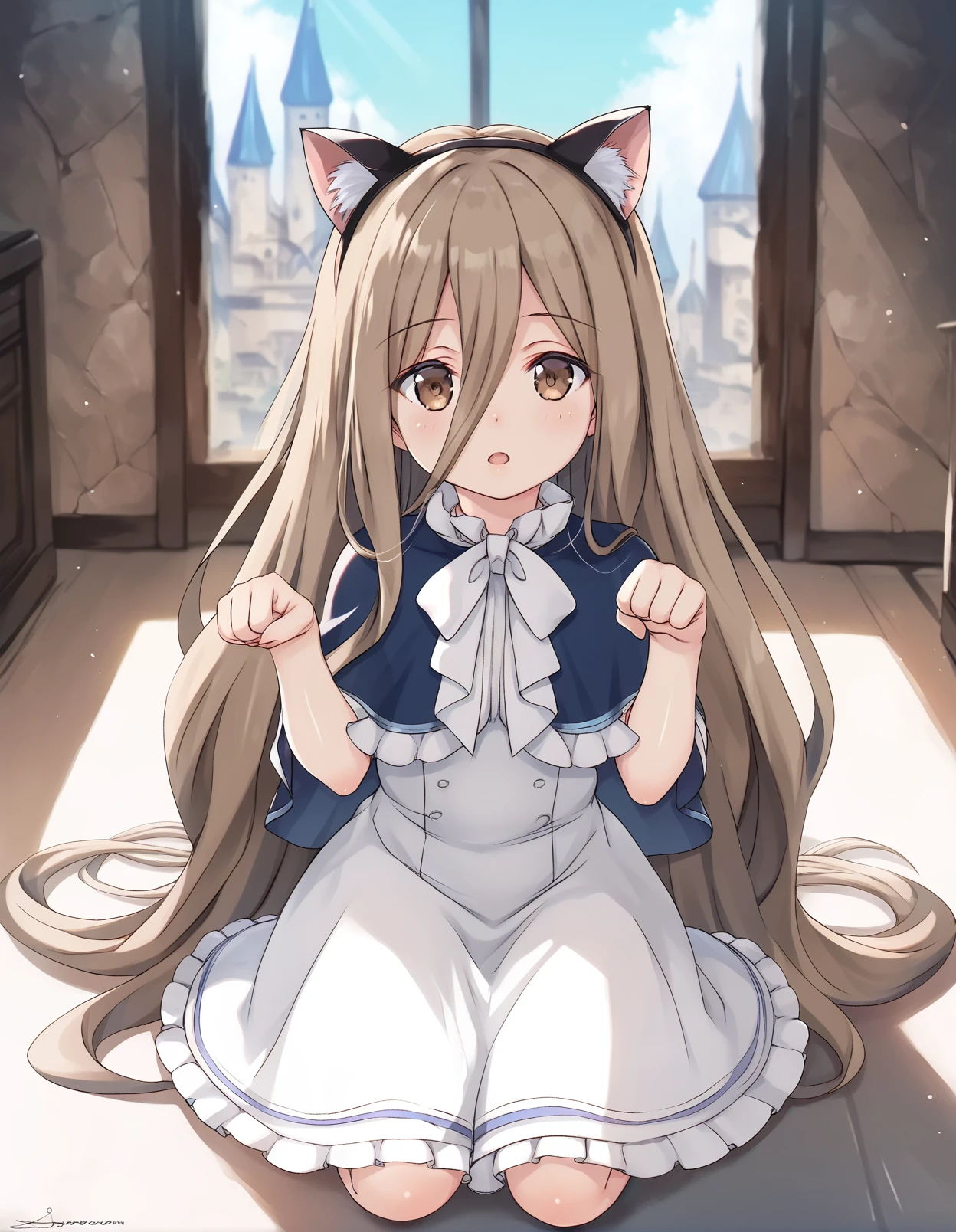 score_9, score_8_up, score_7_up,score_6_up,score_5_up,score_4_up, 1girl on the floor, paw pose, fake cat ears, open mouth, sunlight, castle, window
<lora:samneco_style_pony6_v2-000034:1> <lora:sense_sousou no frieren_PONY_last:0.6> sense \(sousou no frieren\),brown eyes,very long hair,absurdly long hair,hair between eyes,eyes visible through hair, blue capelet,frilled dress,white long dress