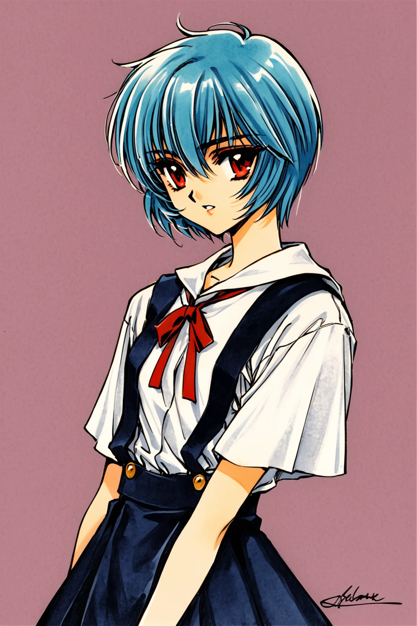 Magic Knight Rayearth,
1girl,ayanami rei,solo,red eyes,short hair,school uniform,blue hair,tokyo-3 middle school uniform,signature,short sleeves,hair between eyes,suspender skirt,purple background,bangs,purple theme,shirt,cowboy shot,looking to the side,skirt,white shirt,looking at viewer,parted lips,suspenders,traditional media,