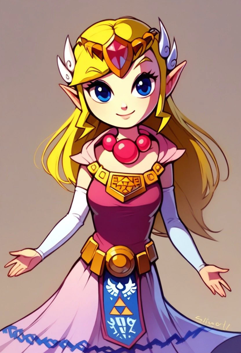 score_9, score_8_up, score_8, medium breasts, (curvy), cute, eyelashes,
BREAK,
zzToonZelda, blue eyes, bead necklace, gold necklace, tiara, triforce, dress, cowboy shot, smile,