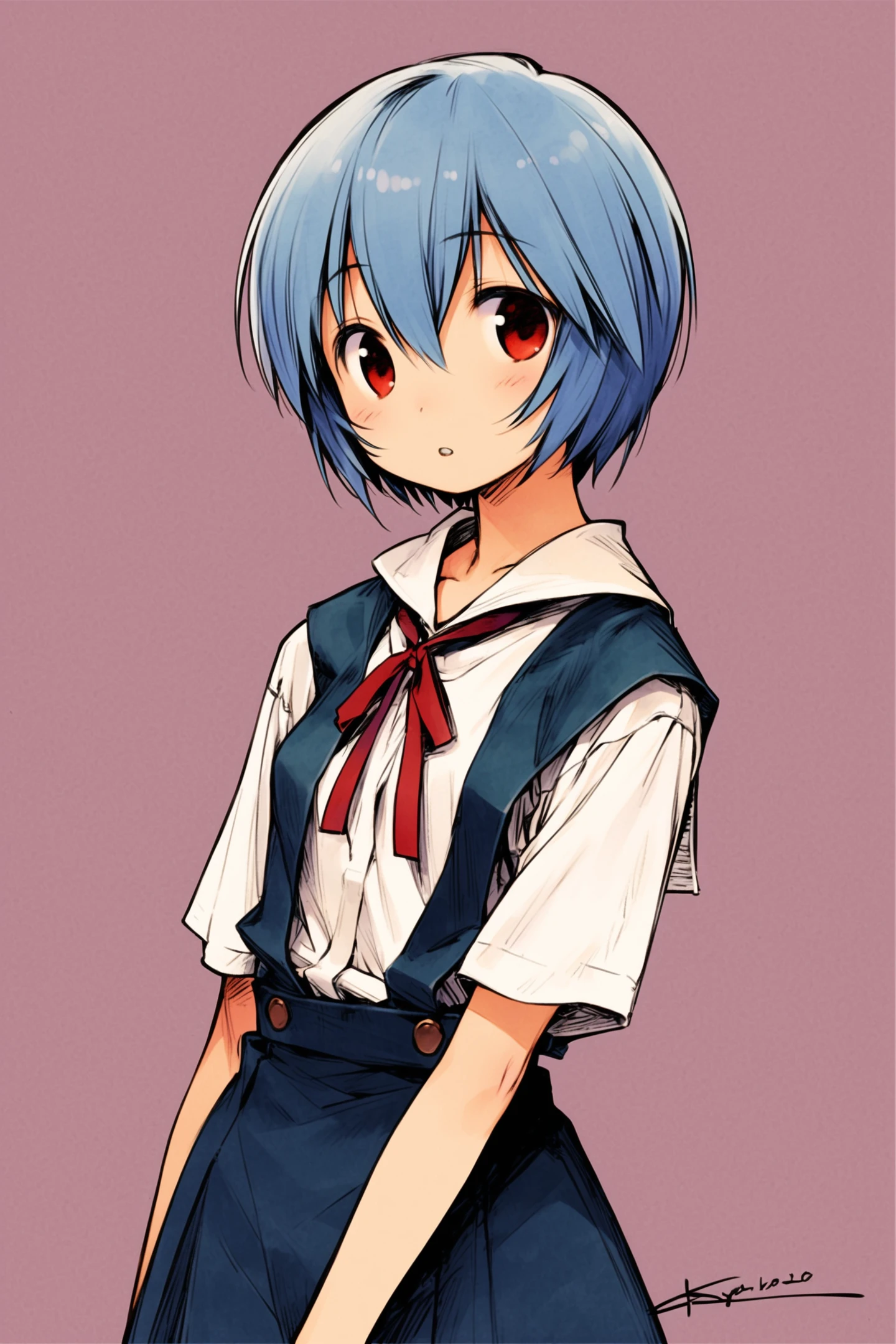 Barasui Style,
1girl,ayanami rei,solo,red eyes,short hair,school uniform,blue hair,tokyo-3 middle school uniform,signature,short sleeves,hair between eyes,suspender skirt,purple background,bangs,purple theme,shirt,cowboy shot,looking to the side,skirt,white shirt,looking at viewer,parted lips,suspenders,traditional media,