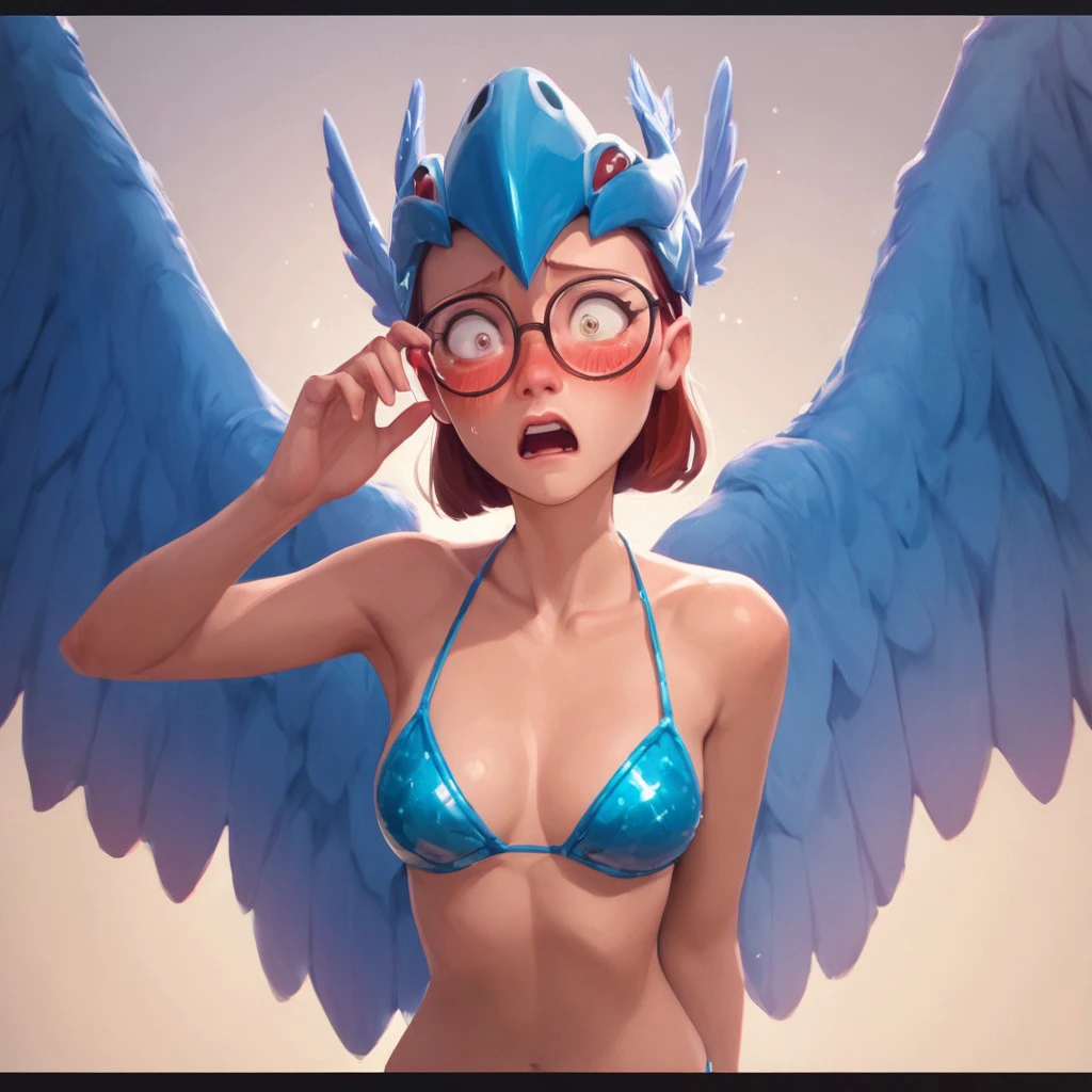 score_9, score_8_up, score_7_up, score_6_up, score_5_up, score_4_up, RioLinda, bikini, wings, shocked look, blushing, glasses