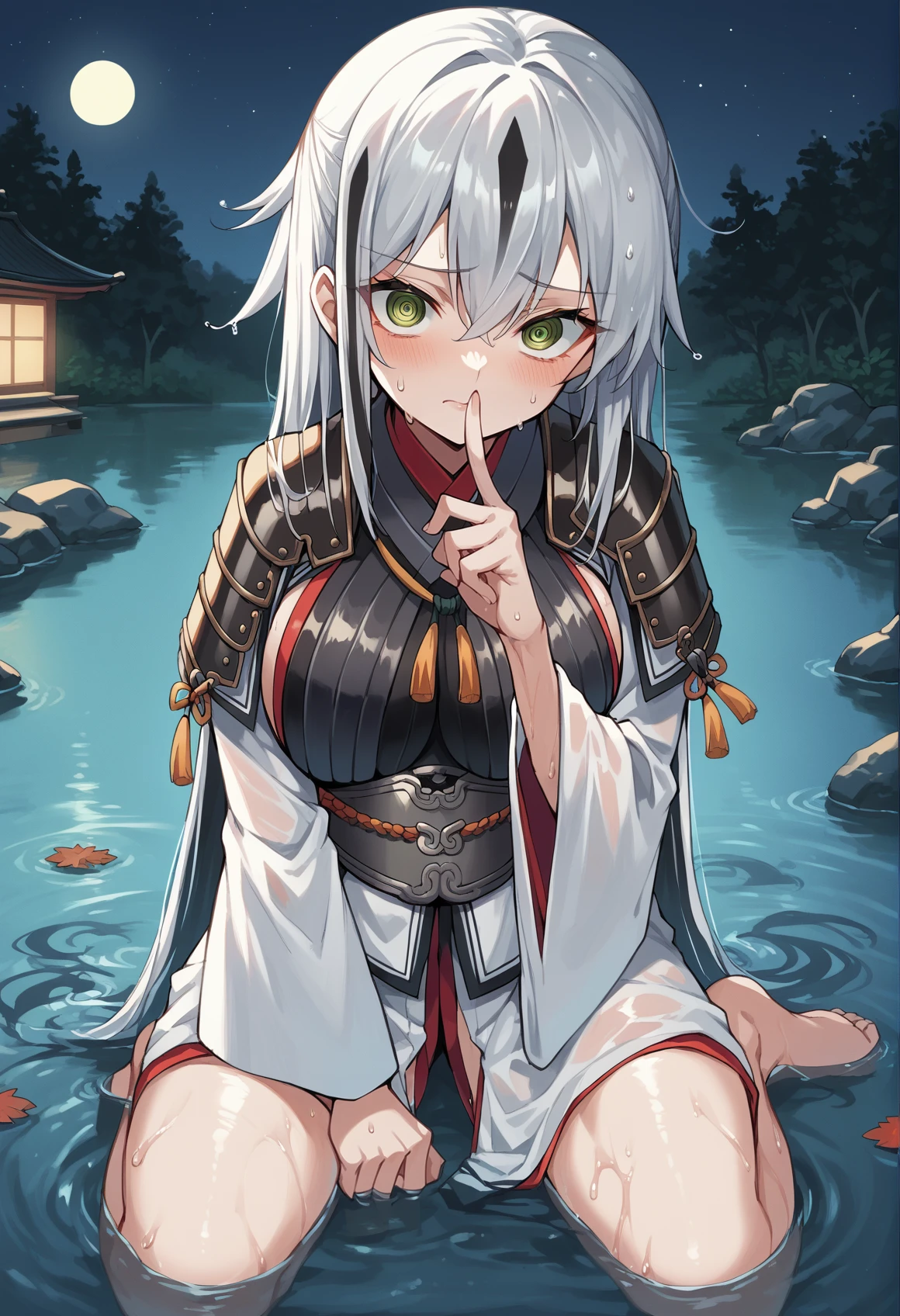 1girl, long hair, multicolored hair, white hair, black hair, green eyes, japanese clothes, sideboob, wide sleeves, detached sleeves, hip vent, japanese armor, kneeling, submerged, lake, wet, sweat, looking at viewer, finger to mouth, @ @, night  <lora:Egao:1>, score_9, score_8_up, score_7_up, score_6_up, score_5_up, score_4_up, BREAK source_anime, masterpiece