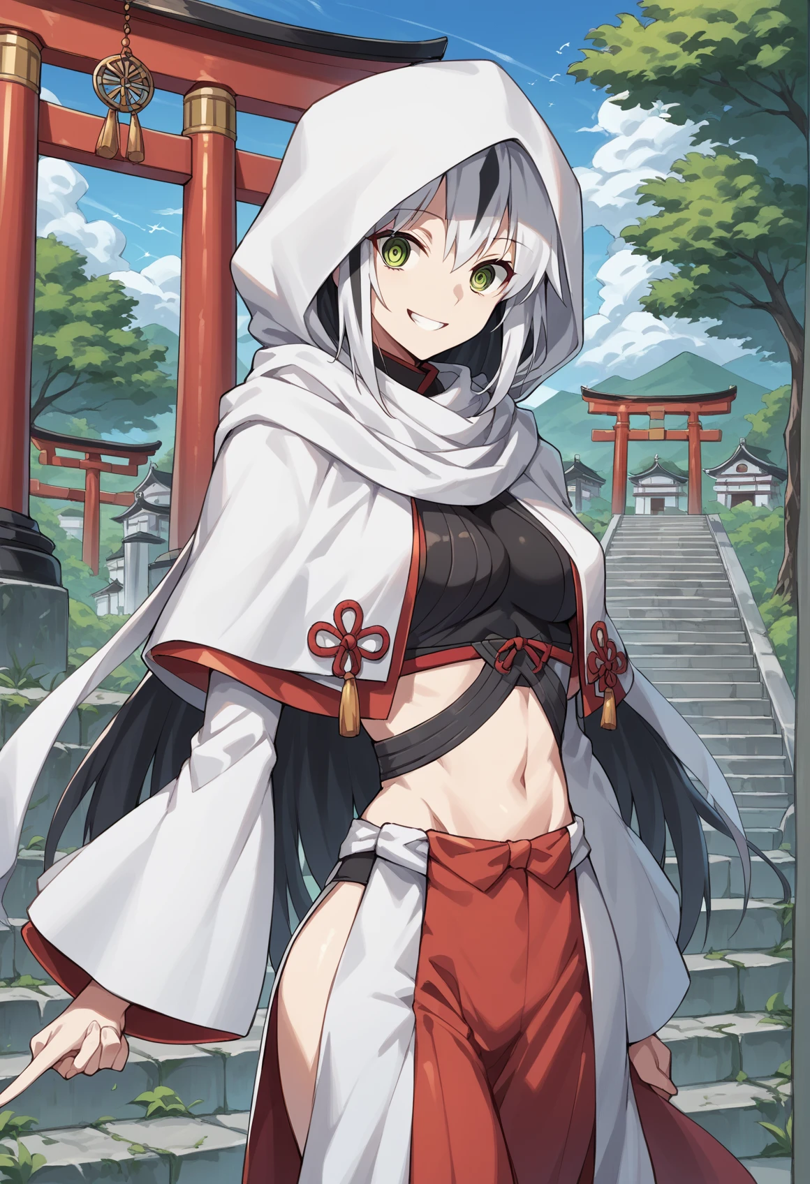 @ @, 1girl, long hair, multicolored hair, white hair, black hair, green eyes, japanese clothes, sideboob, wide sleeves, detached sleeves, hip vent, (navel, midriff), scarf, capelet, hood, hood up, pointing at viewer, smile, outdoors, temple, torii, multiple torii, on stairs <lora:Egao:1>, score_9, score_8_up, score_7_up, score_6_up, score_5_up, score_4_up, BREAK source_anime, masterpiece