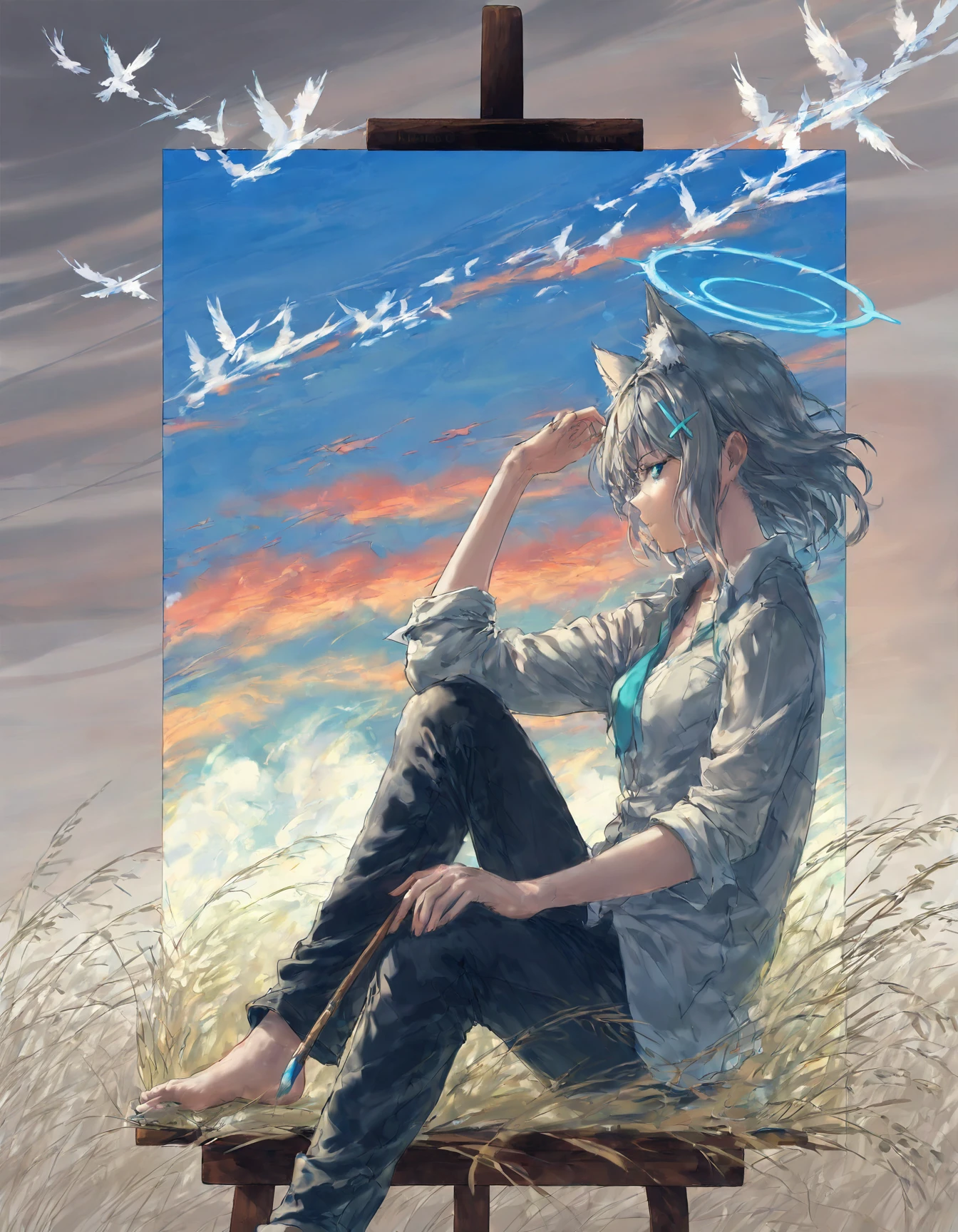 a painting of a girl sitting inside an easel in a field with birds flying in the sky above her, 1girl, animal ear fluff, solo, shiroko \(blue archive\), looking at viewer, bird, canvas \(object\), painting \(action\), black pants, holding paintbrush, cloud, white shirt, barefoot, <lora:Lumina:0.8>