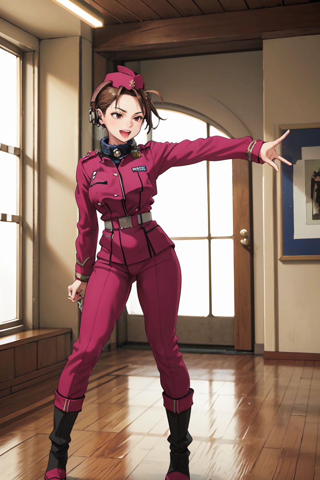 masterpiece,best quality,1girl,solo,marymiyabi, <lora:MaryMiyabi15:0.85>,standing,hat,uniform,pants,headphones,boots,full body,indoors,in space station,no windows,straight on,ahoge,happy,medium breasts,:d,maroon clothes