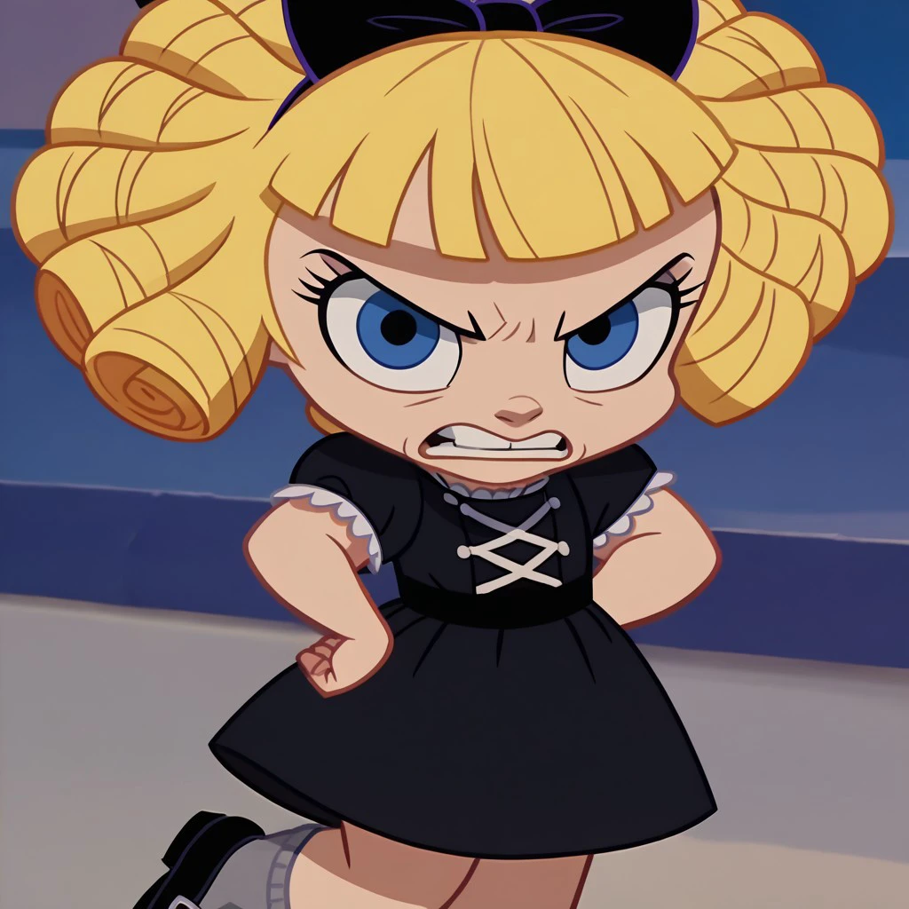 score_9, score_8_up, score_7_up BREAK DarlaD, 1girl, blonde hair, blonde ringlets, blunt bangs, blue eyes, black bow, shortsleeved black dress, gray socks, black shoes, goth fashion, goth clothes, angry at viewer, screenshot, official art, parody, cartoon footage, official design, screencap, on_model, on model, cartoon screenshot, official screenshot, 2d, cartoon, source_cartoon, on-model,