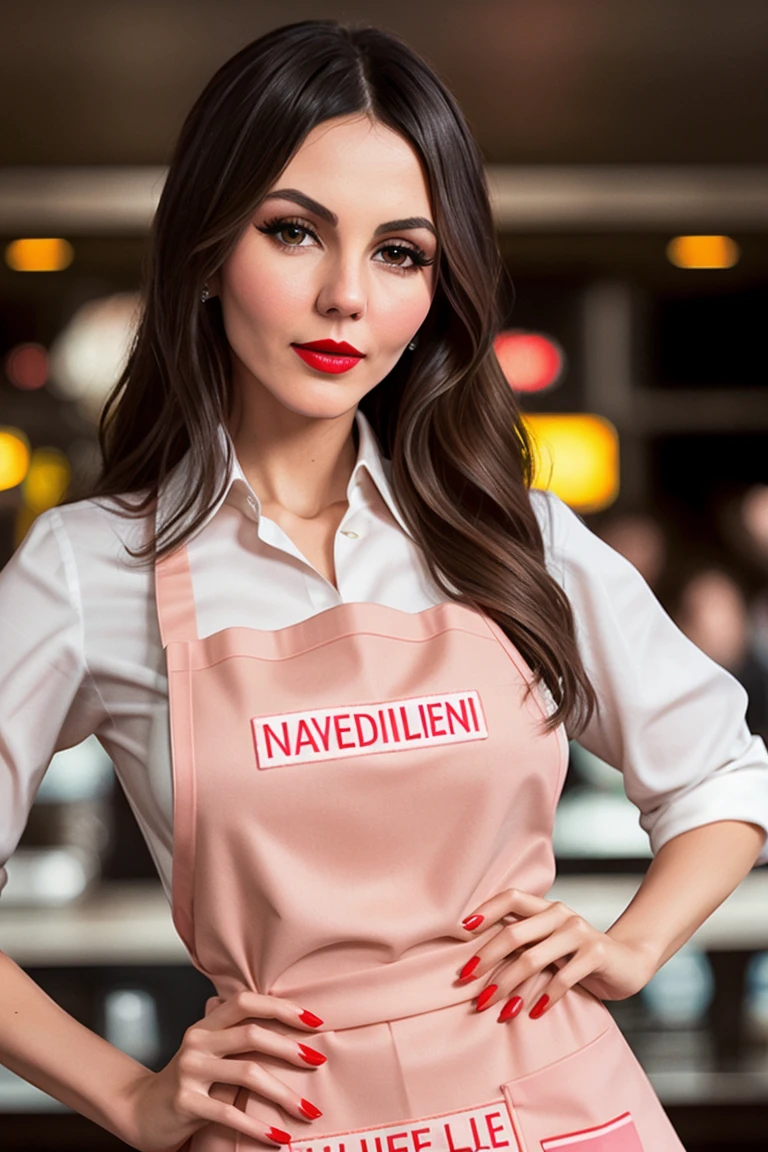 vicjustice, ((red lipstick, blush)), ((detailed face, detailed eyes)), ,jenniferconnelly, ((red lipstick, blush, pale skin)),((detailed eyes, beautiful eyes, detailed face, beautiful face)), , photo of a woman, ((apron, shirt, waitress outfit, notepad, diner, sunrise)), slight smile