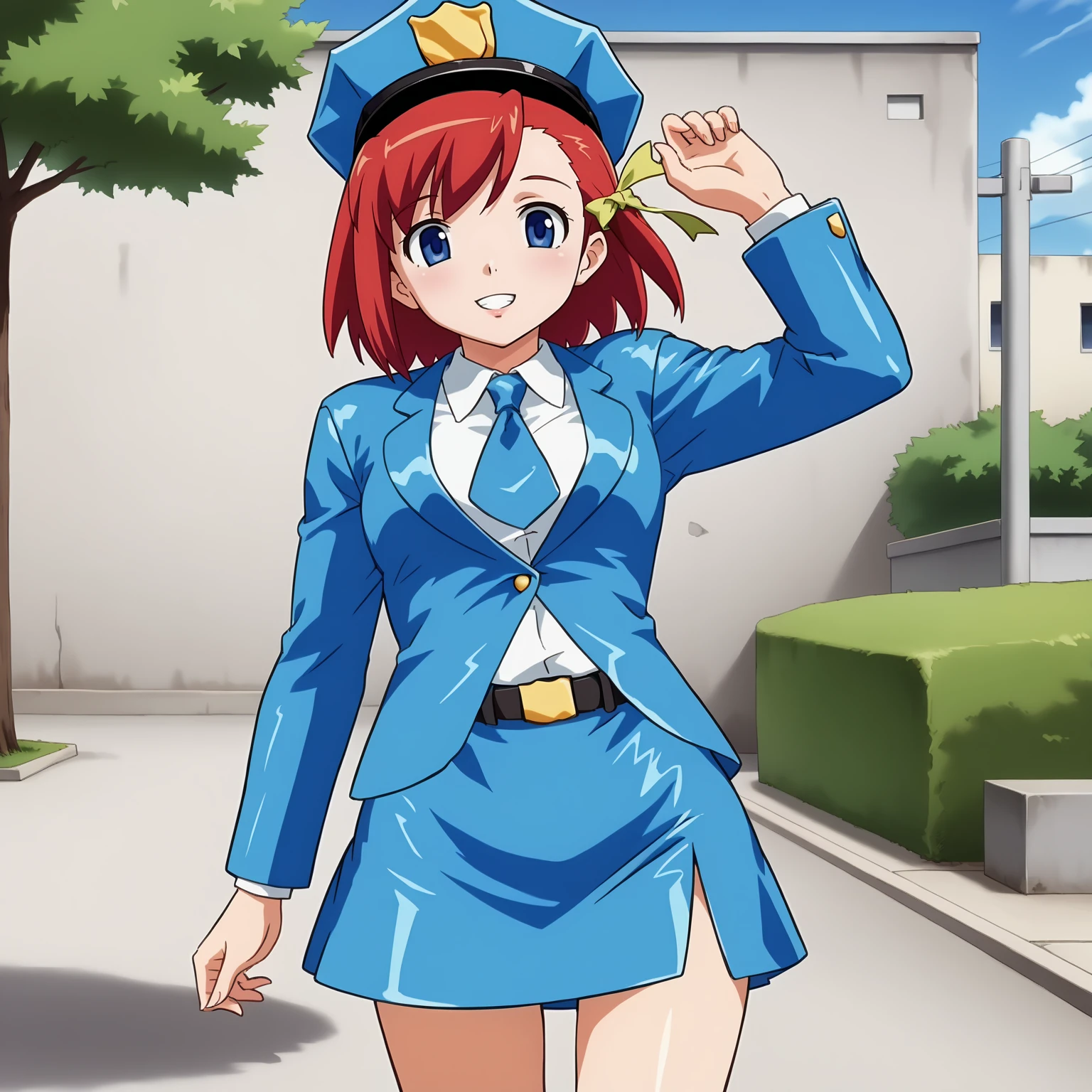 <lora:MSPAkaneXLpony001>,
parted lips,smile,
solo,
MSPAkane,1girl,red hair,short hair,hair ribbon,blue eyes,
police hat,
blue jacket,necktie,
belt,blue skirt,mini skirt,
outdoors,