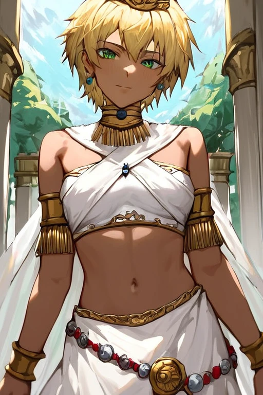 <lora:lumina-000007:1>, score_8_up, score_7_up,  source_anime,  blonde hair, green eyes, brown skin, bare belly, short hair, anime, looking at viewer, greek architecture,