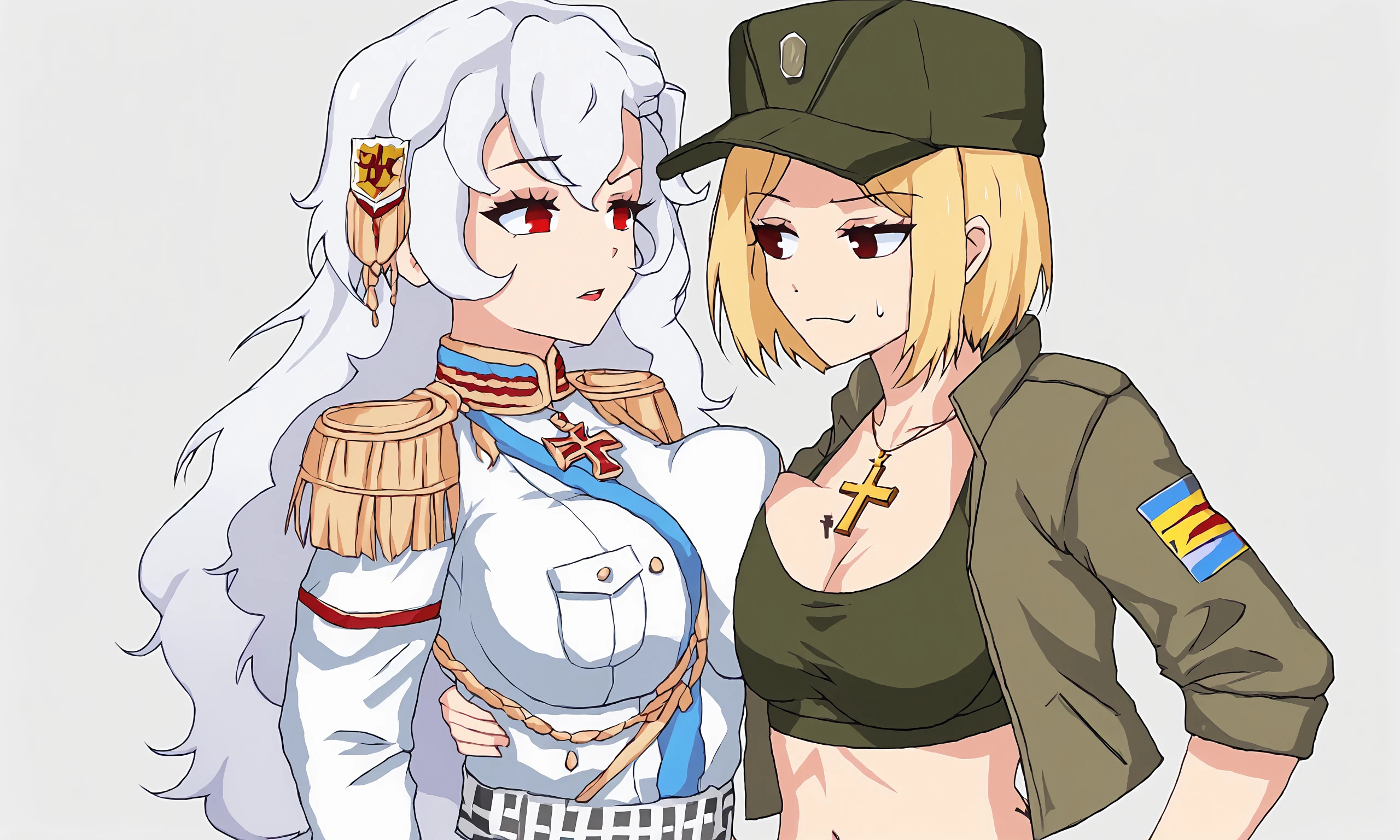 breasts fight, lightning, 2girls, breasts press, holding ass,
BREAK <lora:Alpha1918:1>, 1girl, long hair, white hair, red eyes, alpha1918, white uniform, breasts press,
BREAK <lora:Mariyacka:1>, azovchan, 1girl, blonde hair, hat, short hair, cross on the neck, sport top, jacket, navel, shorts, breasts press, tattoo on boob