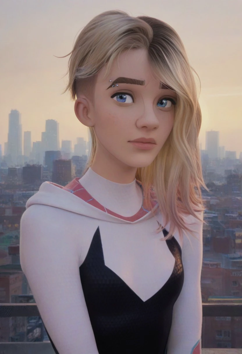 score_9, score_8_up, score_7_up, score_6_up, score_5_up, score_4_up, realistic style, photo, photorealistic, high detail, photograph of Gwen Stacy, (Spider Gwen), posing on rooftop, looking at viewer, night, moonlight through hair, depth of field, bokeh, tag1, tag2