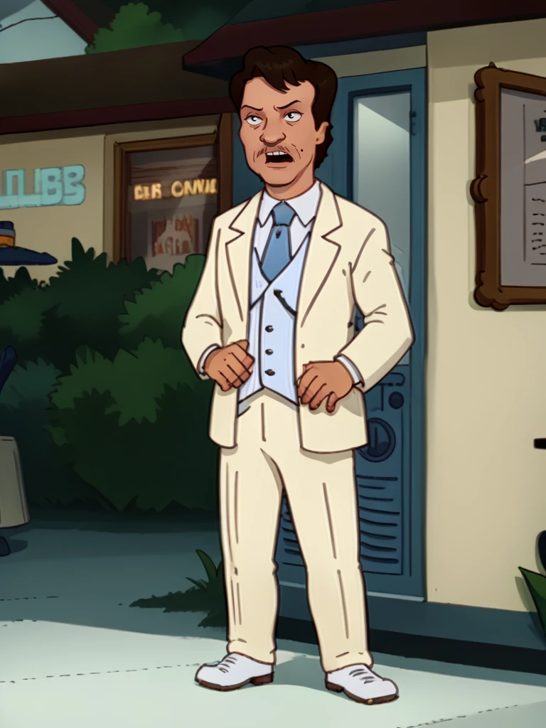 <lora:Gilbert_Dauterive_-_King_Of_The_Hill-10:1.25>gilbert, brown hair, cream_suit_coat, white_collared_shirt, mole on cheek, mustache, light blue vest, blue necktie, pocketwatch_chain, cream_suit_pants, white shoes, standing, mouth open, teeth, talking, lowered eyelids, raised eyebrow, full body,, source_cartoon, score_9, score_8_up, score_7_up,