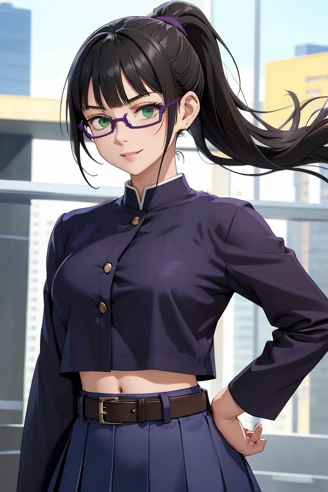 (JK_Maki_Zenin), glasses, solo, ponytail, 1girl, bangs, green eyes, black hair, blunt bangs, high ponytail, purple-framed eyewear, semi-rimless eyewear, smile, different actions, belt, brown belt, brown pantyhose, crop top, crop top overhang, jujutsu tech uniform, pantyhose, pleated skirt, shirt tucked in, skirt, blue skirt, blue crop top,