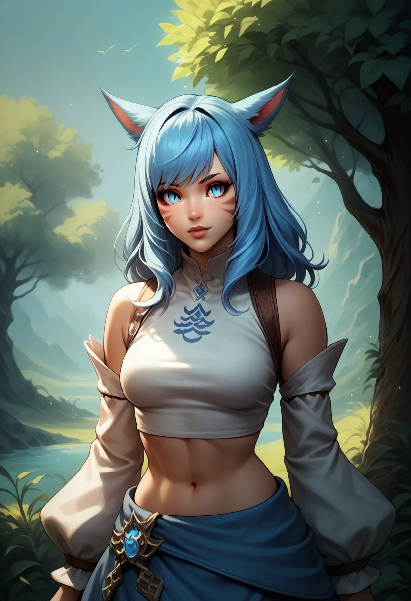 FemmeMiq, 1girl, solo, long hair, looking at viewer, bangs, blue eyes, navel, cat girl, cat ears, animal ears, animal ear fluff, medium breasts, blue hair, outdoors, detached sleeves, midriff, tree, lips, facial mark, slit pupils, whisker markings, miqo'te portrait, BREAK ,score_9, score_8_up, score_7_up, score_6_up, score_5_up, score_4_up,