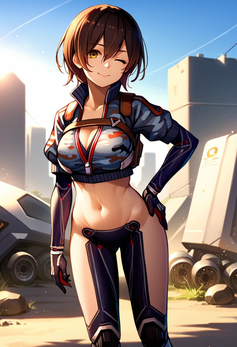 score_9, score_8_up, score_7_up, source_anime, solo, 1girl, roboco2nd, android, mechanical arms, smile, looking at viewer, standing, hand on own hip, short hair, one eye closed, grey jacket, camouflage jacket, cropped jacket, short sleeves, gloves, no pants, mechanical legs, navel, cleavage, large breasts, outdoors <lora:hololive_roboco-san_ponyXL:1>
