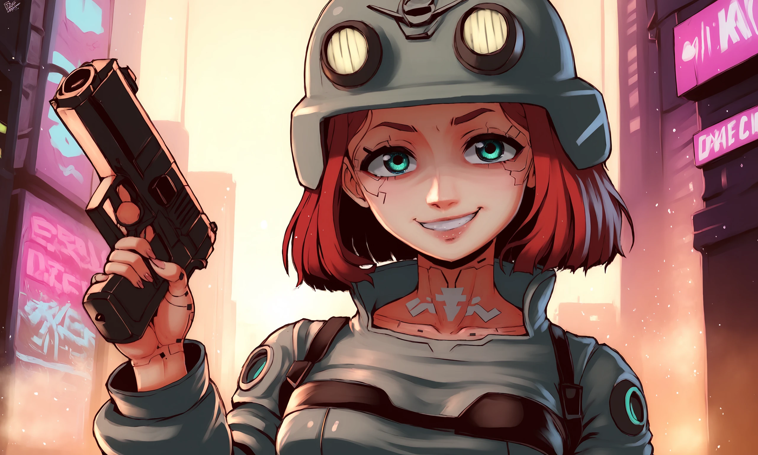 score_9, score_8_up, score_7_up, neon city, cyberpunk, background, blur background, holding pistol, wallpaper, hdr, 4k, 
BREAK <lora:buhanka.chan:1>, 1girl, letter "z", buhanka, red hair, helmet, aqua eyes, latex, holding pistol, smile, jumpsuit, sexy, cyberpunk, looking at viewer