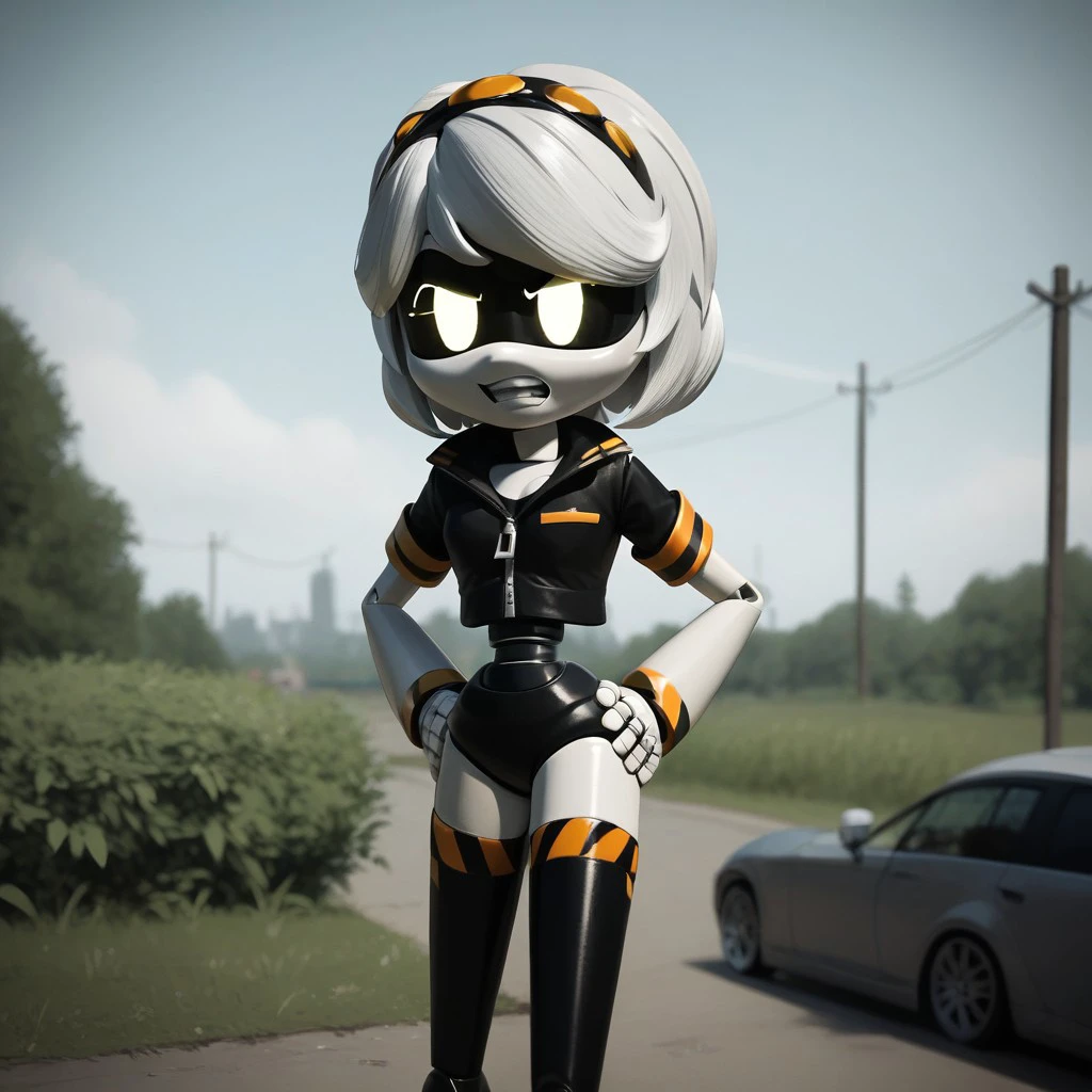 score_9, score_8, score_9, BREAK, vmd, robot, white hair, short hair, outdoors, hands on hips