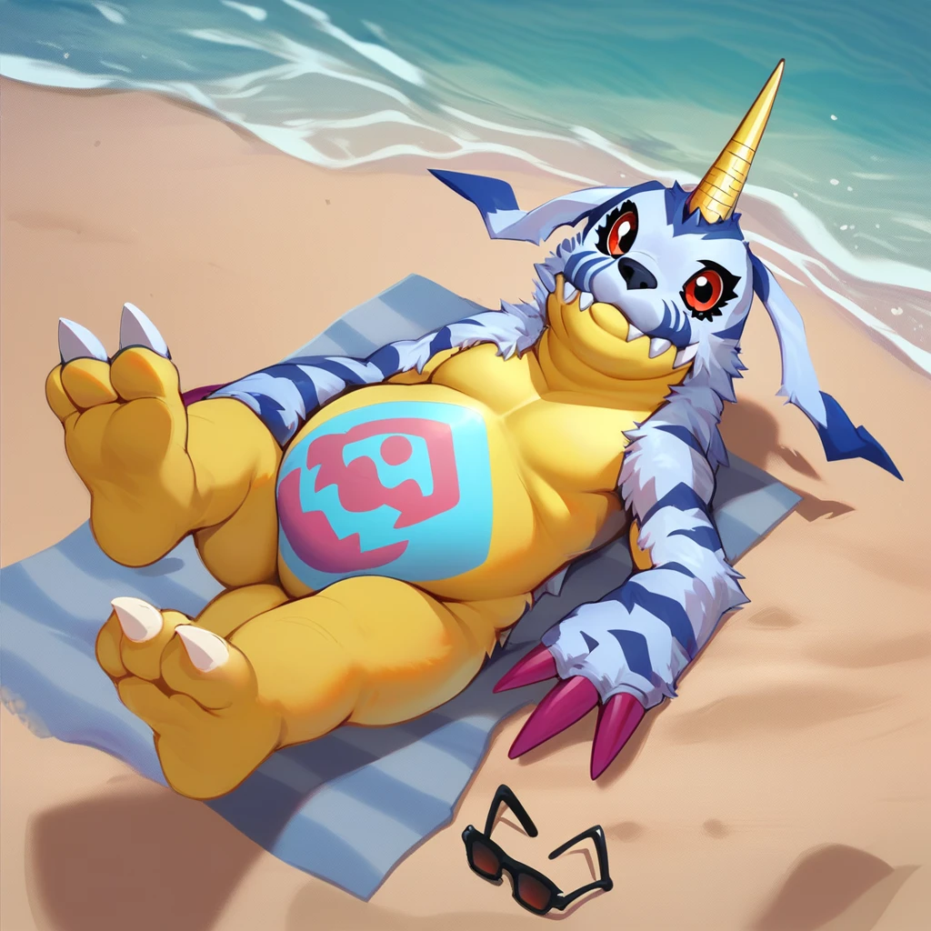 score_9, score_8_up, score_7_up, score_6_up, score_5_up, score_4_up, gabumon, digimon, single horn, claws, red eyes, sharp teeth, creature, monster, chubby, pudgy belly, blue and pink markings on belly, blue fur pelt, yellow body, three toes, outside, beach background, beach scenery, water, relaxing, laying down, looking at viewer, sunglasses, barefoot,