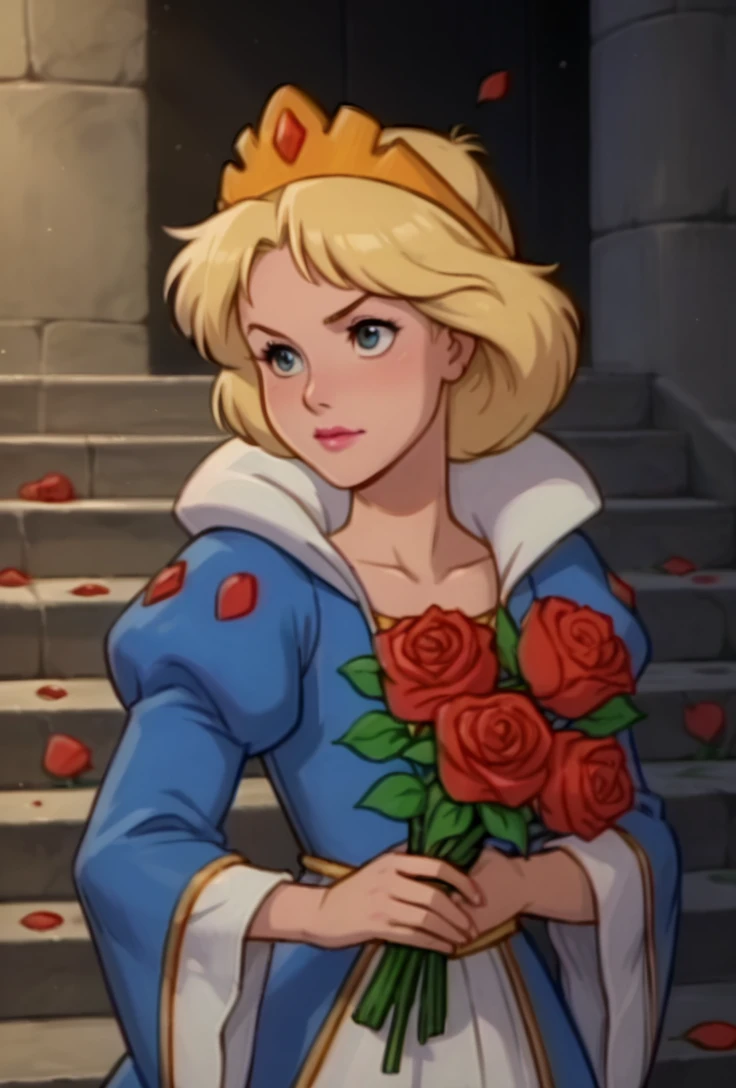 score_9, score_8_up, score_7_up, score_6_up, source_anime, highly detailed, Calla, Princess Calla, a cartoon image of a princess with blonde hair and a tiara on her head, looking away from the camera, holding a bouquet of roses, a disney princess laying on stairs with rose petals in front of her, looking away from the camera, <lora:Gummi bears Beta:0.8>