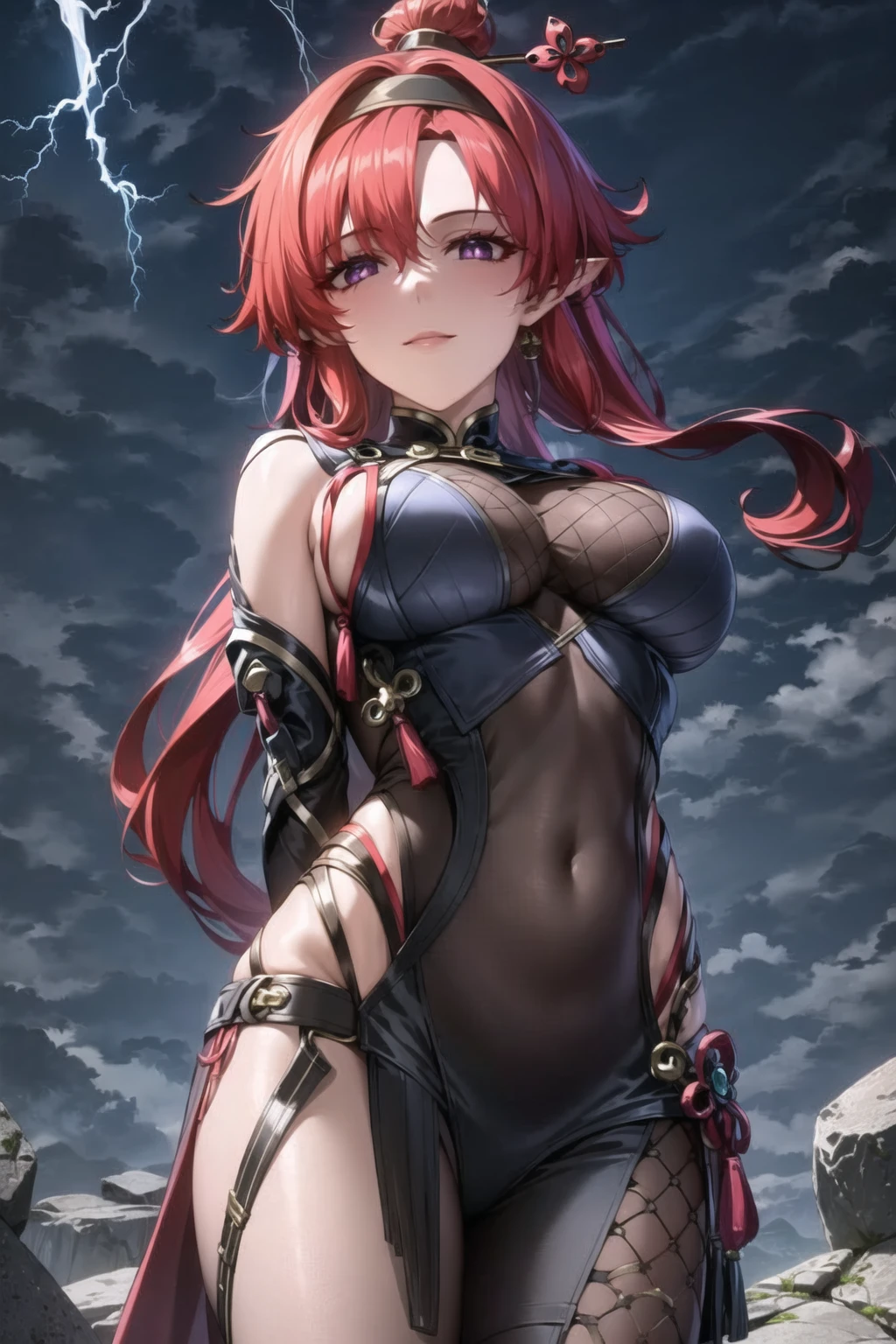 dynamic light,  masterpiece, best quality, detailed, 1girl,yinlin, long hair, red hair, purple eyes, hair ornament, ponytail, pointy ears, hairband, glowing eyes,  large breasts
(fingerless gloves)
(standing), (arms behind back:1.3), light smile, closed mouth, tareme (cowboy shot),
(lightning, purple theme, rocks), depth of field, <lora:1651489307798708599:0.2> ,  <lora:tareme:0.5>   <lora:yinlin:1> <lora:LowRA:0.2>,    <lora:GoodHands-vanilla:1>