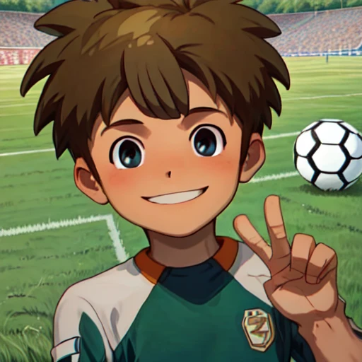 {{{{{m{{{{{masterpiece}}}}}} {{{{{high indicrated details}}}}} , soccer boy,green  soccer trikot, , best quality, laying on grass 8 K, High Quality, cheeky smile
 <lora:Tachimukai_Yuuki_Inazuma_Eleven:1> TachimukaiYuuki, brown hair