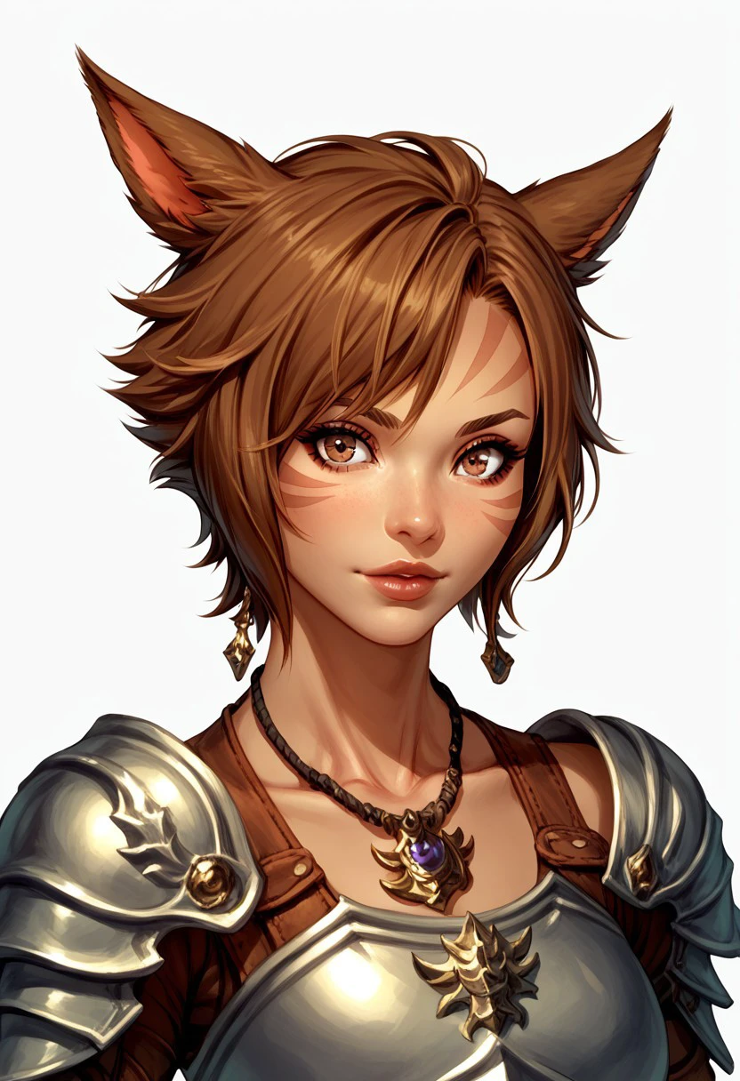 FemmeMiq, 1girl, solo, looking at viewer, short hair, simple background, brown hair, white background, animal ears, brown eyes, jewelry, upper body, cat ears, necklace, armor, lips, facial mark, miqo'te, portrait, BREAK ,score_9, score_8_up, score_7_up, score_6_up, score_5_up, score_4_up,