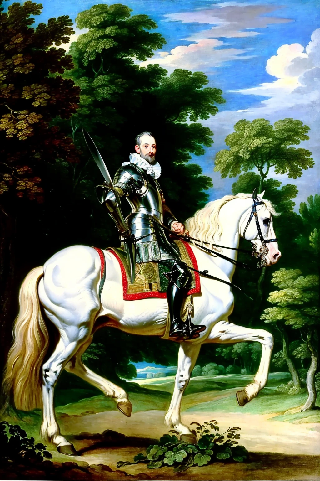 Baroque, van Dyck,
The image showcases a portrait of a man, possibly from the Renaissance or Baroque period, riding a white horse. He is dressed in armor with a blue sash, and holds a sword in his hand. The background is filled with trees and foliage, suggesting a natural setting. The artistic style is realistic, capturing intricate details of the man's face, attire, and the horse's features. The image quality is high, with rich colors and clear details., (((masterpiece))),(((bestÂ quality))),((ultra-detailed))