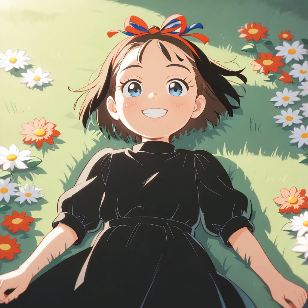 score_9, score_8, score_9, BREAK, solo, female child, kiki, short hair, hair ribbon, blue eyes, black dress, lying in grass, smiling, flowers,