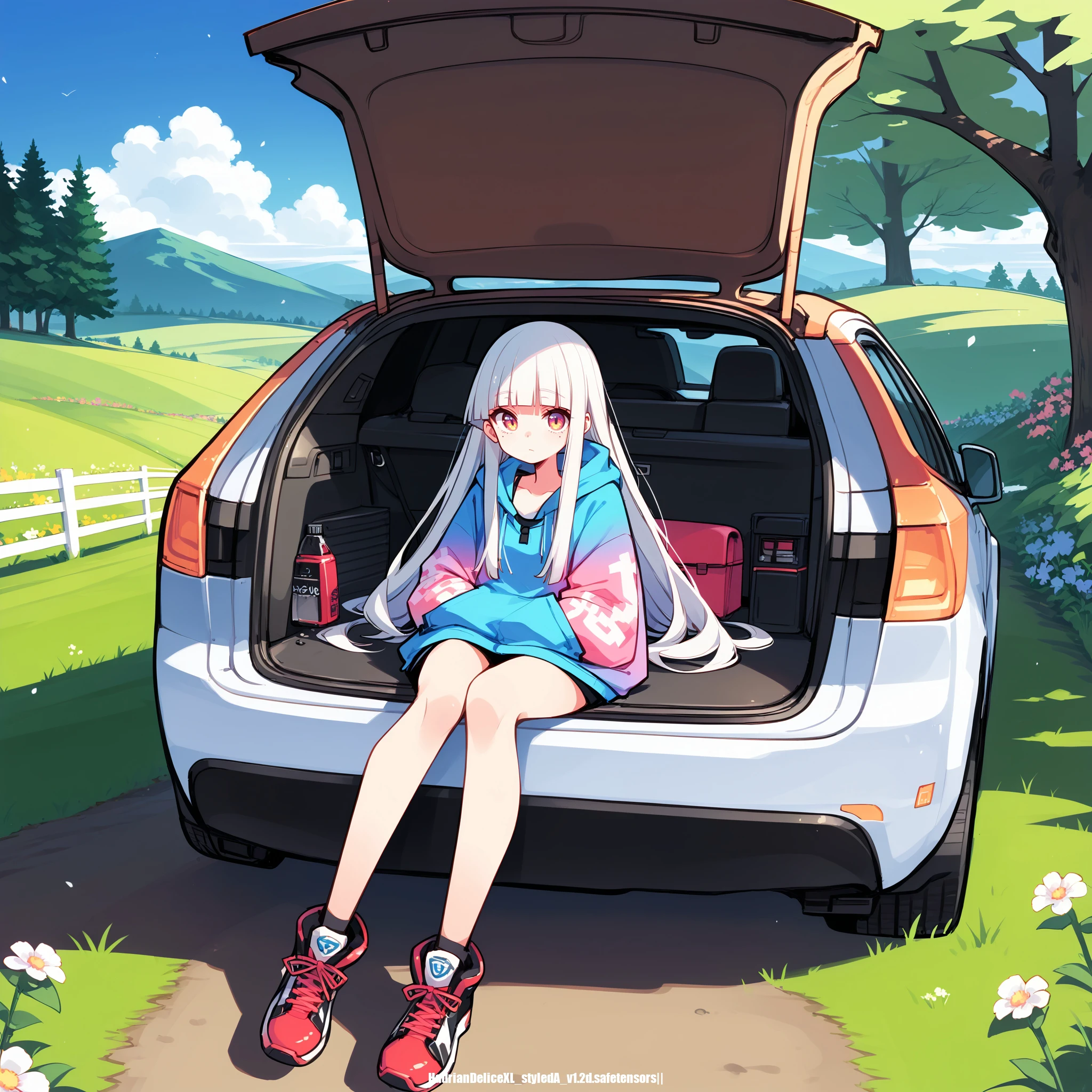score_9,score_8_up,score_7_up,score_6, ,, highres,source_anime,hd5,car_trunk,front view,straight-on,1girl,solo,sitting on car_trunk,blunt bangs, field,tree,flower,cloud,very long hair,oversized hoodie,hands in pockets,elegance,full body, bare legs,colorful_shoes,white hair