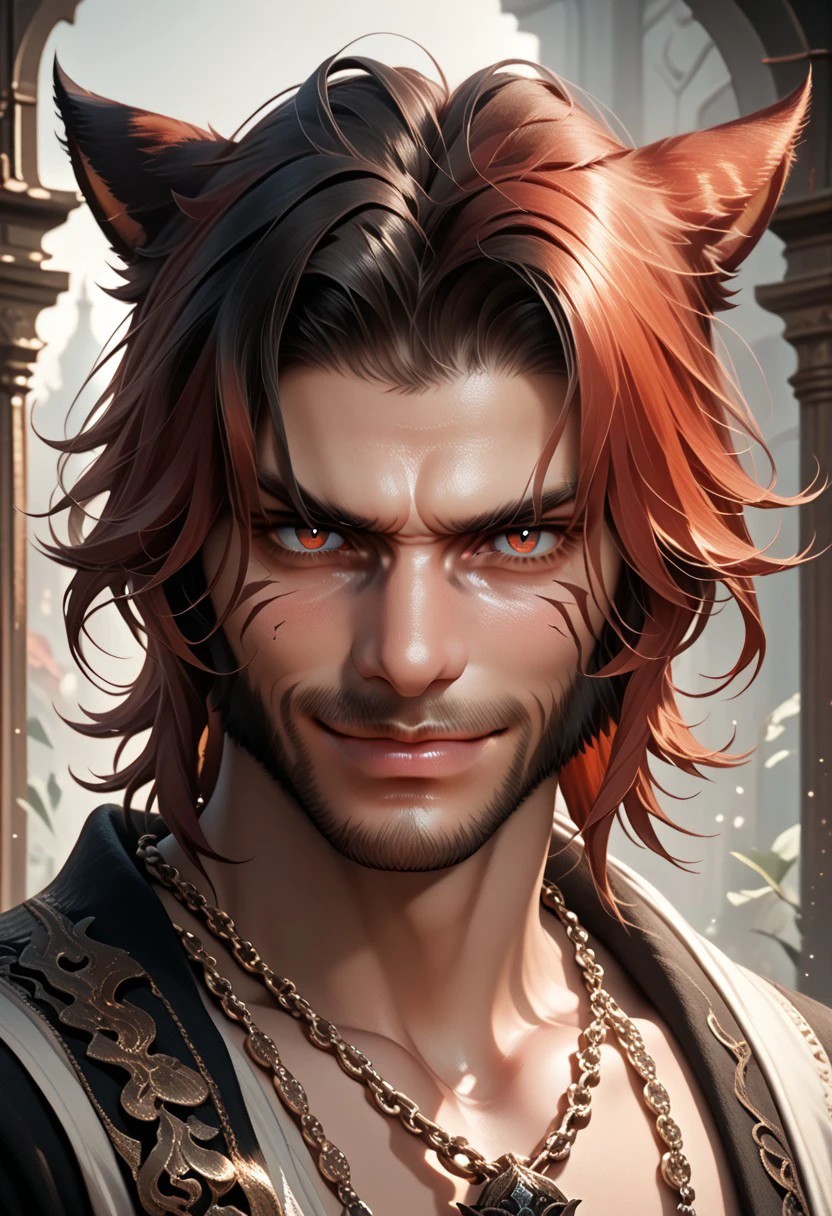 DskMiqo, 1boy, animal ears, avatar (ff14), beard, black hair,  cat boy, cat ears, chain, facial hair, facial mark, hair between eyes, jewelry, looking at viewer, male focus, miqo'te, necklace, portrait, red eyes, red hair, smile, solo,  weapon BREAK ,score_9, score_8_up, score_7_up, score_6_up, score_5_up, score_4_up,