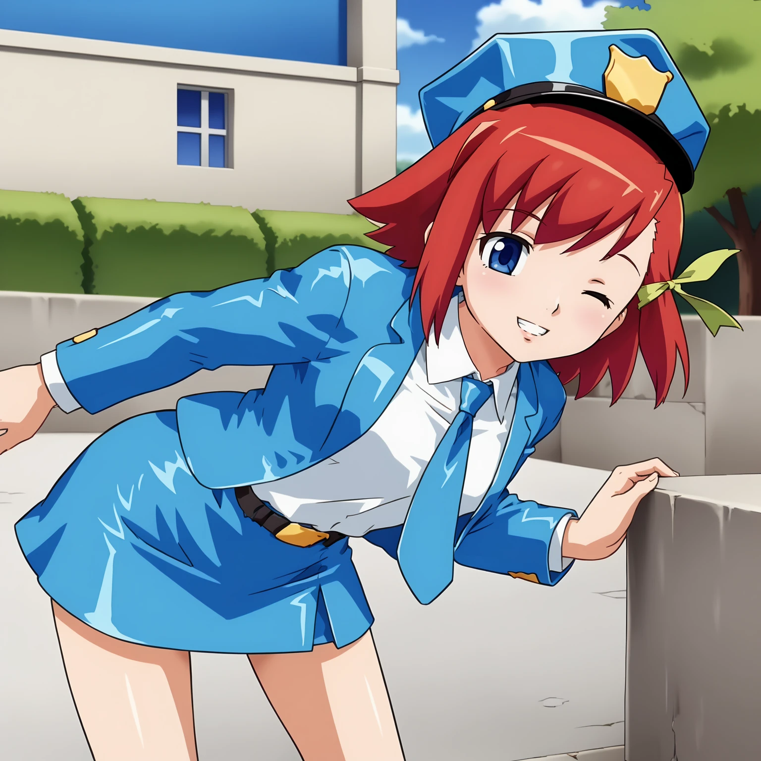 <lora:MSPAkaneXLpony001>,
parted lips,smile,one eye closed,
solo,
MSPAkane,1girl,red hair,short hair,hair ribbon,blue eyes,
police hat,
blue jacket,necktie,
belt,blue skirt,mini skirt,
outdoors,
standing,leaning_forward,