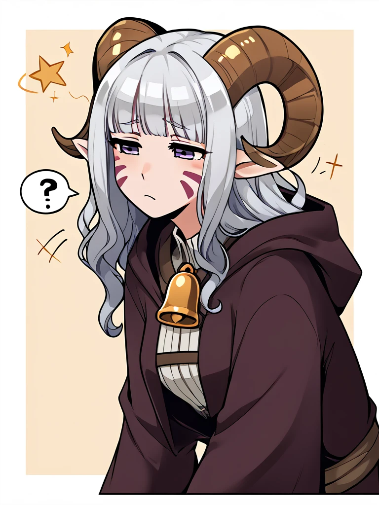 <lora:seeing_stars:1> @ @,  seeing_stars:1.5, sitting, confused:1.3, half-closed eyes, source_anime, source_furry, score_7_up, rating_safe, portrait, gold necklace, tiefing, short pointed ears, brown horns, (a pair of brown sheep Horns that begin at her temples and curve back: 1.5), bangs, long silver hair long wavy hair, pale skin, <lora:whisker_markings:0.8> whisker_markings pointy ears, purple eyes, <lora:age_slider_v4:0.6>   medium breasts, skinny female, silver hair, <lora:Tieflingnew weird fantasyDND:0.3> Tiefling, pointed ears, horns,  <lora:Smooth Style 2 SDXL_LoRA_Pony Diffusion V6 XL:0.5>  bell, robe, hood off, <lora:Nanoless_Artist_Style_PonyXL:0.3> focus on head, >:,