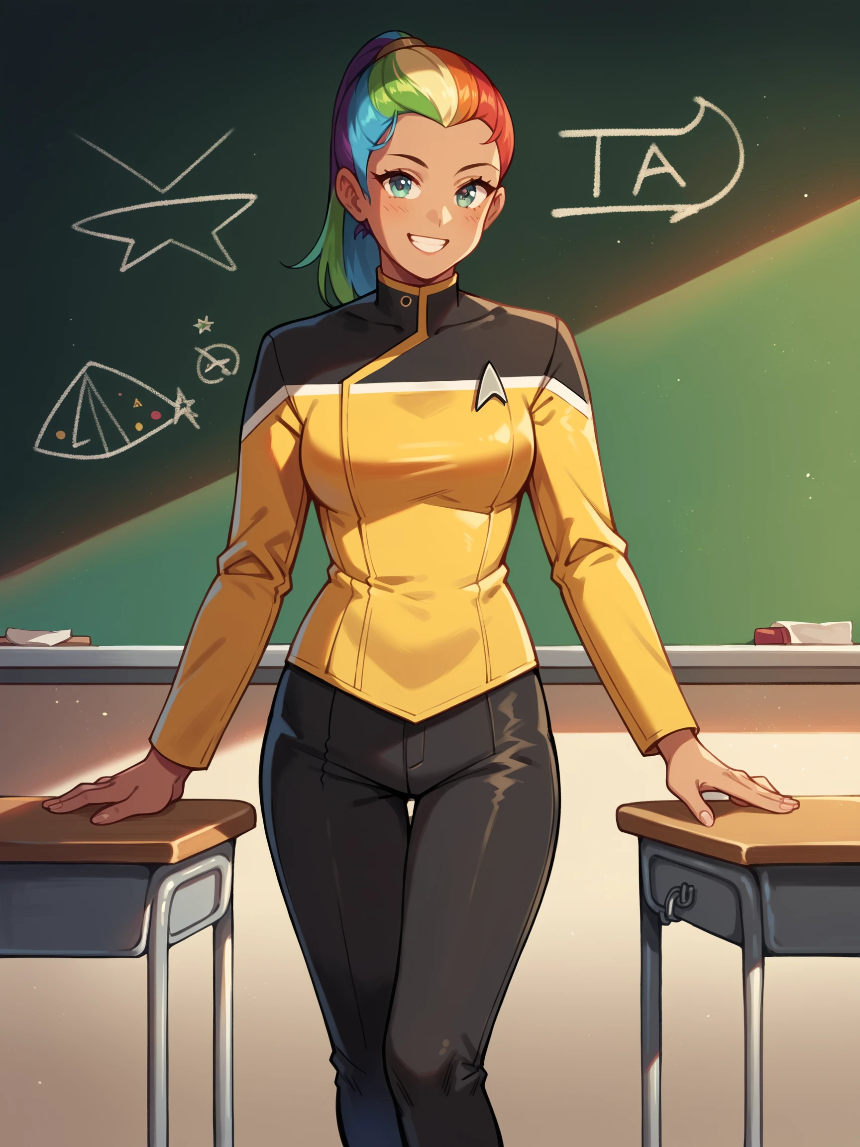 score_9, score_8_up, score_7_up, score_6_up, score_5_up, 1girl in sttldunf  star trek black and yellow uniform ,black pants, standing in a classroom,rainbow colored hair,ponytail,long sleeves,smiling,blackboard,pretty young woman<lora:STTLPony:0.8>