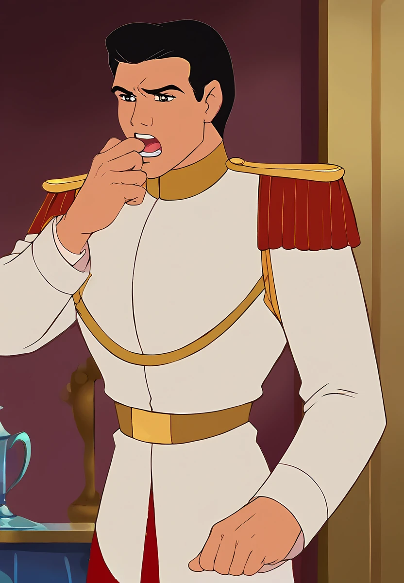 score_9, score_8_up, score_7_up, score_6_up,  animation, retro artstyle, disney style,
break
a man pr1nc3_c with short black hair , <lora:Prince_C_1.0-000040:1> , wearing red pants and a (white uniform), gold epaulettes, standing, bored, yawning, hand in front of mouth,
location: palace, indoors
<lora:aminfara:0.3> aminfara, <lora:Smooth Anime 2 Style SDXL_LoRA_Pony Diffusion V6 XL:0.3>