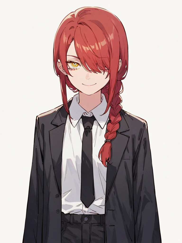 score_9, score_8_up, score_7_up,
1girl, nayuta csm, red hair, single braid, ringed eyes, hair over one eye, yellow eyes,
suit, black necktie, black pants, black jacket, white shirt, standing, white background, looking at viewer, narrowed eyes, smile, closed mouth,