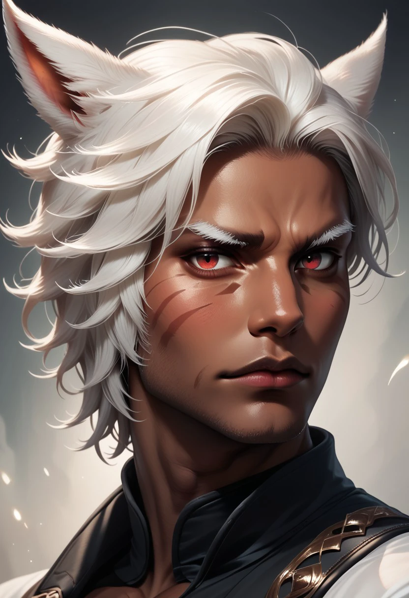 DskMiqo, 1boy, animal ears, cat ears, closed mouth, dark skin, dark-skinned male, facial mark, lips, looking at viewer, male focus, miqo'te, portrait, realistic, red eyes, signature, solo, white hair, BREAK ,score_9, score_8_up, score_7_up, score_6_up, score_5_up, score_4_up,