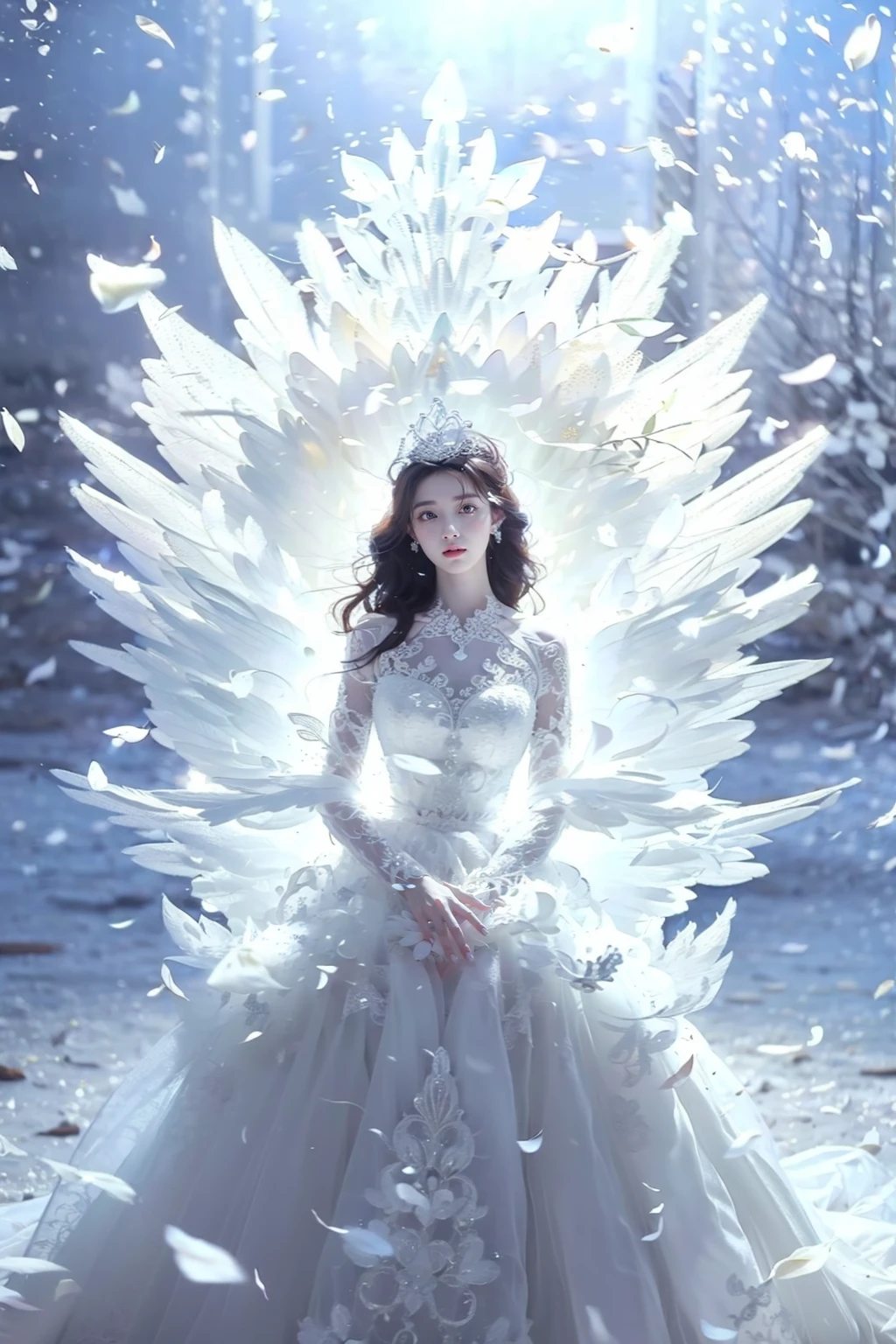 photorealistic,realistic,photography,masterpiece,best quality,ultra-detailed,extremely detailed CG unity 8k wallpaper,(reality: 1.4),1girl,solo, full body,standing,black hair,long hair,hair ornament,looking at viewer,wings,white background,white wedding dress,tiara,jewelry,((white petals throne)), <lora:JAY-WHITE PETALS THRONE:1>