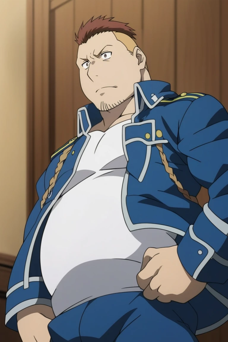 score_9, score_8_up, score_7_up, score_6_up, perfect anatomy, perfect proportions, best quality, masterpiece, high_resolution, high quality, aesthetic, absurdres, (male focus), solo male, Heymans Breda \(Fullmetal Alchemist\), brown hair, short hair, (dark eyes, sanpaku, constricted pupils), (calm eyes, droopy eyes), facial hair, stubble, chubby, Amestrian State Military uniform \(Fullmetal Alchemist\), white undershirt, blue jacket \(Fullmetal Alchemist\), long sleeves jacket, cropped jacket, (blue pants), Amestrian blue butt cape \(Fullmetal Alchemist\), grey waistband, adult, mature, masculine, manly, handsome, charming, alluring, standing, upper body, (dutch angle), cowboy shot, from below, photo background<lora:EMS-415440-EMS:1.000000>