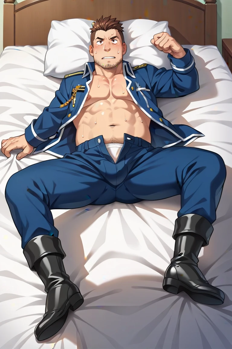 score_9, score_8_up, score_7_up, score_6_up, perfect anatomy, perfect proportions, best quality, masterpiece, high_resolution, high quality, solo male, Heymans Breda, brown hair, short hair, dark eyes, sanpaku, constricted pupils, calm eyes, droopy eyes, facial hair, stubble, chubby, Amestrian State Military uniform \(Fullmetal Alchemist\)), (open jacket, unbuttoned jackett:1.3), bare chest, bare abdomen, blue pants, black boots, adult, mature, masculine, manly, handsome, charming, alluring, seductive, (full body), (lying on bed, on back, spread legs), (full face blush), sweat drop, look at viewer
<lora:EMS-415440-EMS:0.800000>