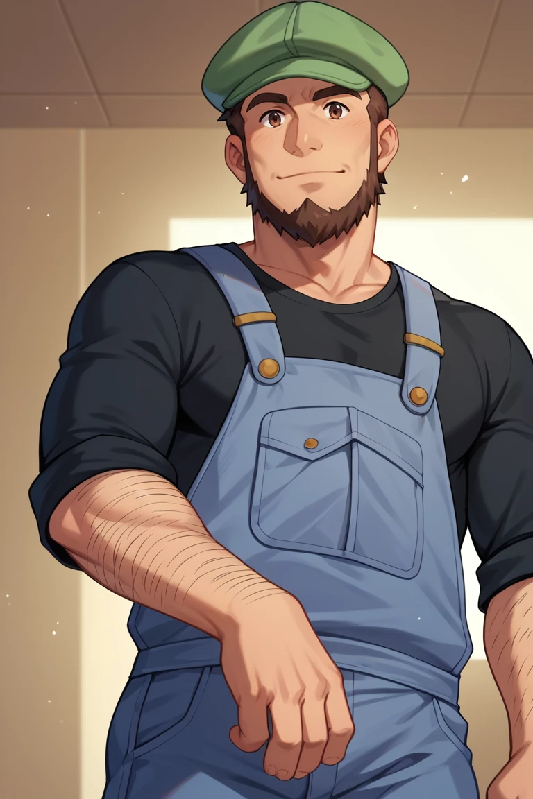 score_9, score_8_up, score_7_up, score_6_up, perfect anatomy, perfect proportions, best quality, masterpiece, high_resolution, high quality, aesthetic, absurdres, (male focus), solo male, Meyer, brown hair, short hair, brown eyes, facial hair, chinstrap beard, blue overalls, black undershirt, sleeves rolled up, cabbie hat, green hat, adult, mature, masculine, manly, handsome, charming, alluring, standing, upper body, (dutch angle, view from below), cowboy shot, arm hair, photo background<lora:EMS-415885-EMS:0.800000>