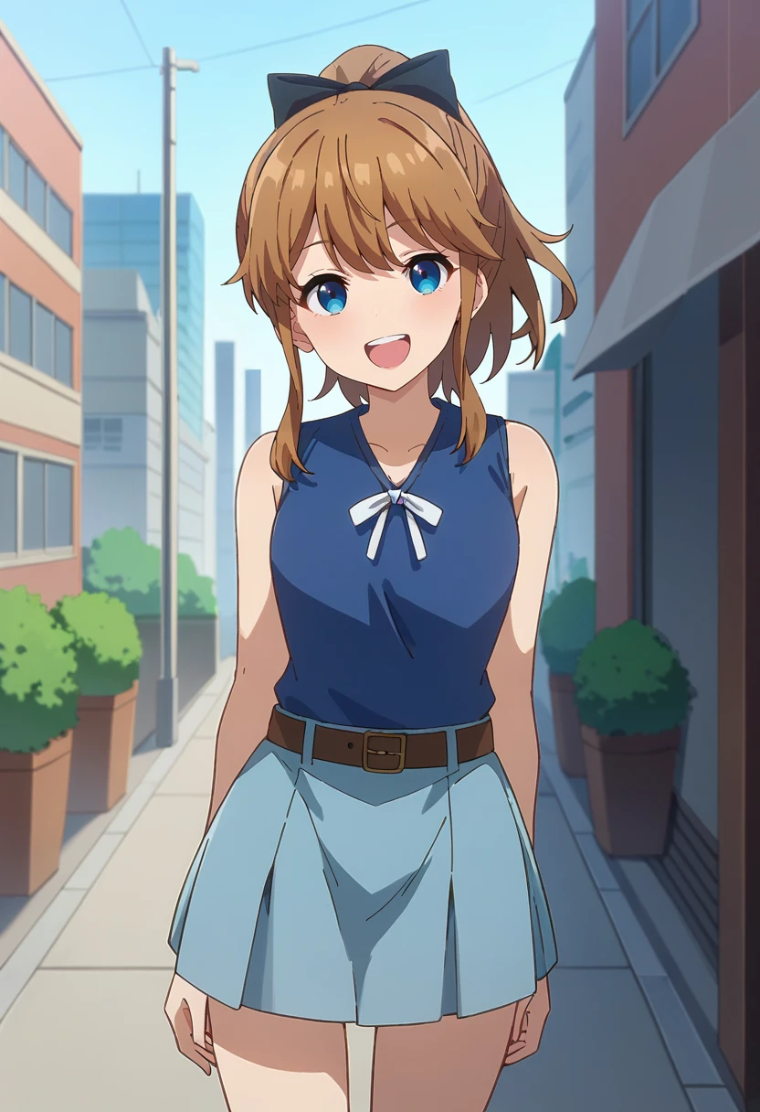 score_9, score_8_up, score_7_up, source_anime,
<lora:MamahahaNoTsurego_AkatsukiMinamiXL:0.8>, AkatsukiMinami,
1girl, open mouth, smile, teeth,
brown hair, blue eyes, ponytail, hair bow, black bow,
MinamiCasual, sleeveless, blue shirt, white ribbon, brown belt, light blue skirt,
standing, looking at viewer, thigh gap, arms at sides,
outdoors, city, street