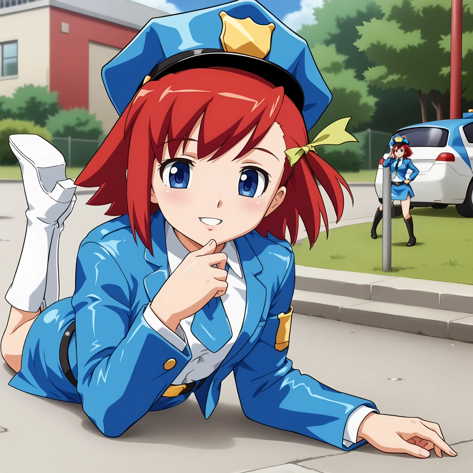 <lora:MSPAkaneXLpony001>,
parted lips,smile,
solo,
MSPAkane,1girl,red hair,short hair,hair ribbon,blue eyes,
police hat,
blue jacket,necktie,
belt,blue skirt,mini skirt,
white boots,high_heel_boots,
outdoors,
full body,on stomach,the_pose,