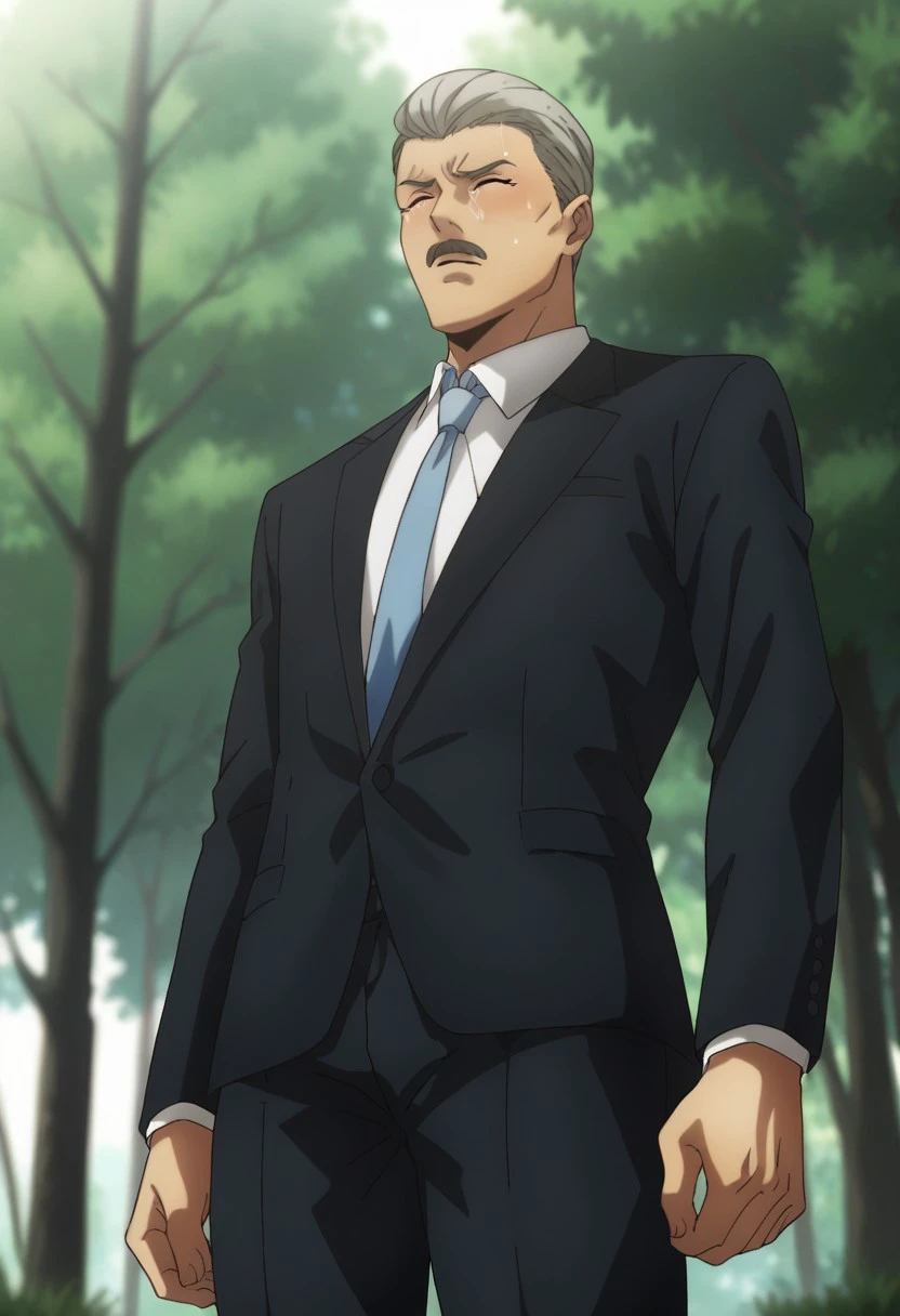 score_9, score_8_up, score_7_up, source_anime, rating_safe, Kuriprison, 1boy, male focus, anime screencap, formal wear, blue necktie, dark blue suit, white collared shirt, dark blue pants, blurry outdoors, trees, cowboy shot, from below, finely detailed face,  closed eyes, tears, graved em BOOTY so funny